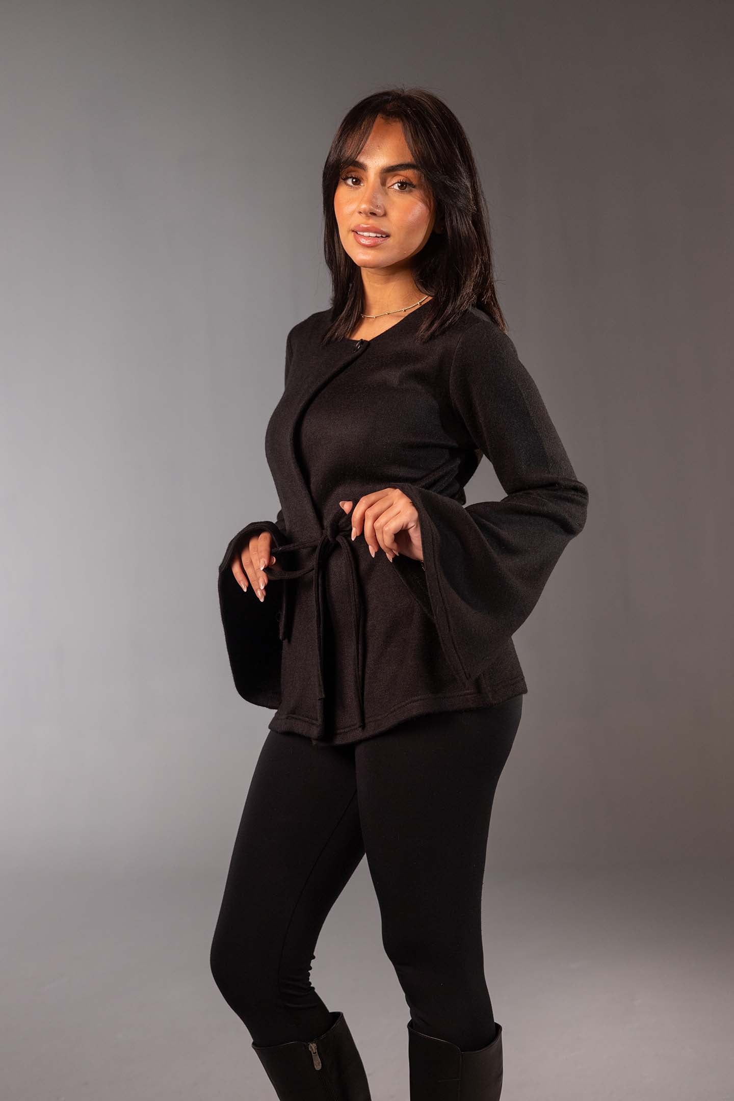Black Soft Knit Wrap Top with Flared Sleeves