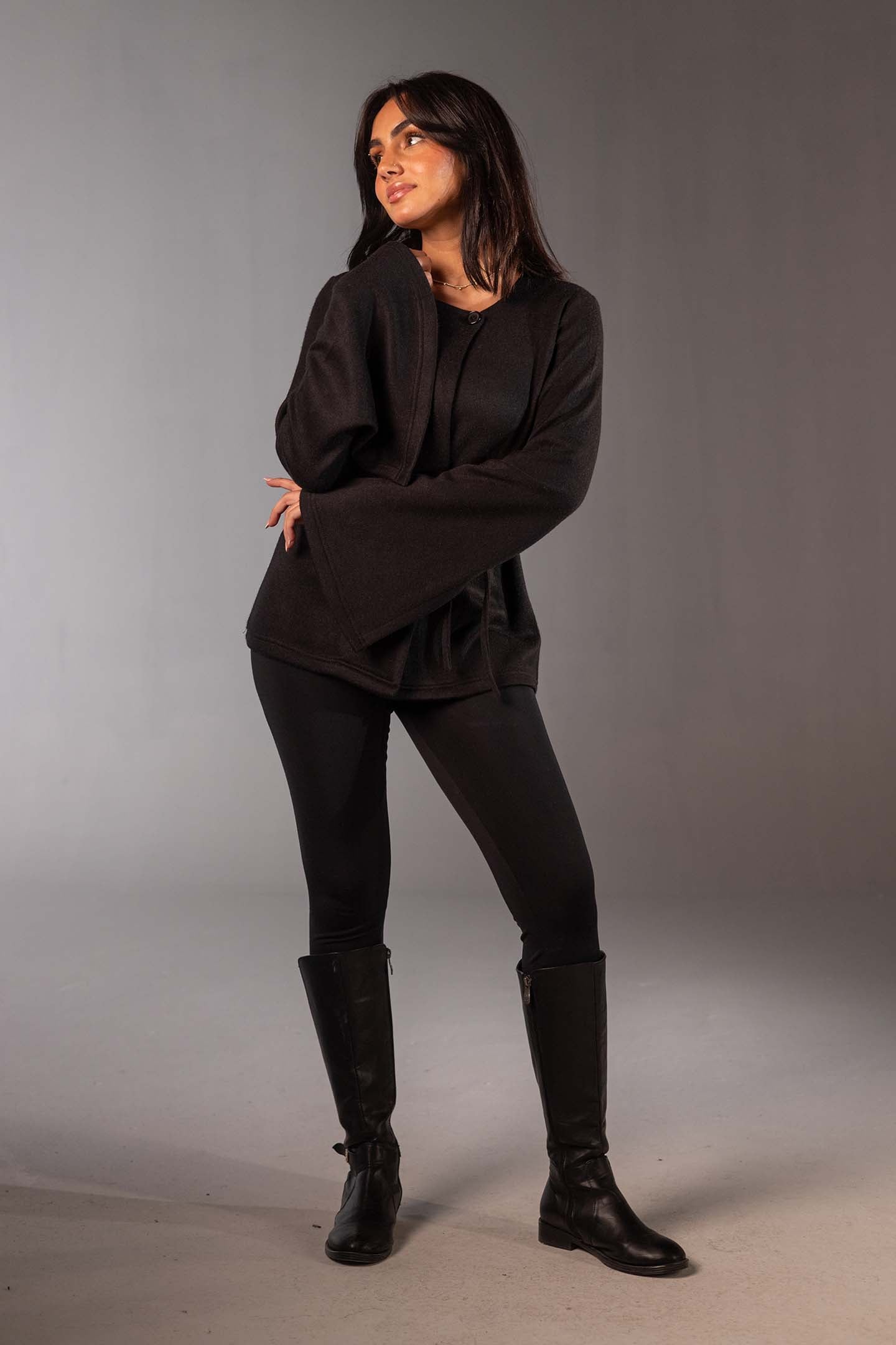 Black Soft Knit Wrap Top with Flared Sleeves