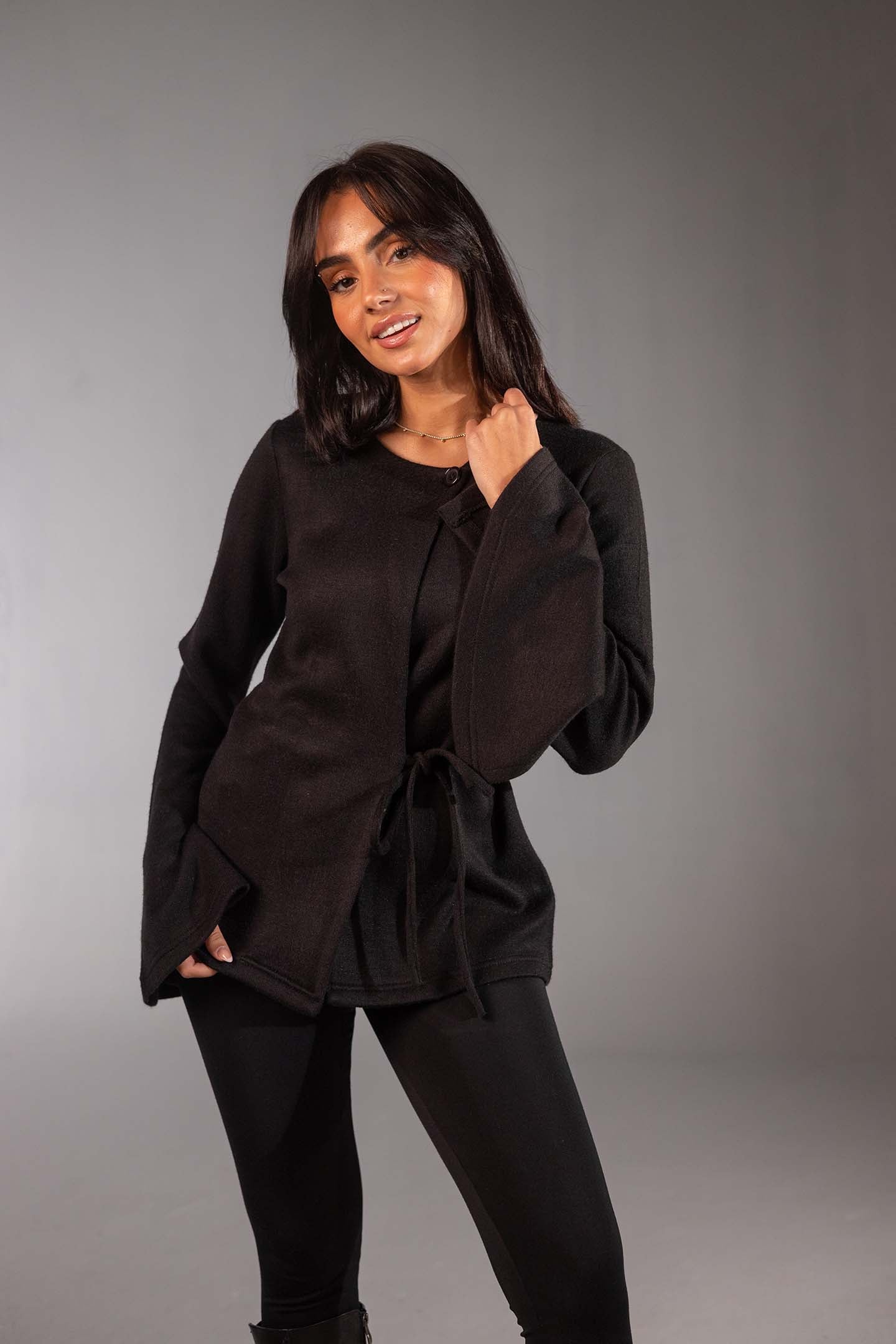 Black Soft Knit Wrap Top with Flared Sleeves