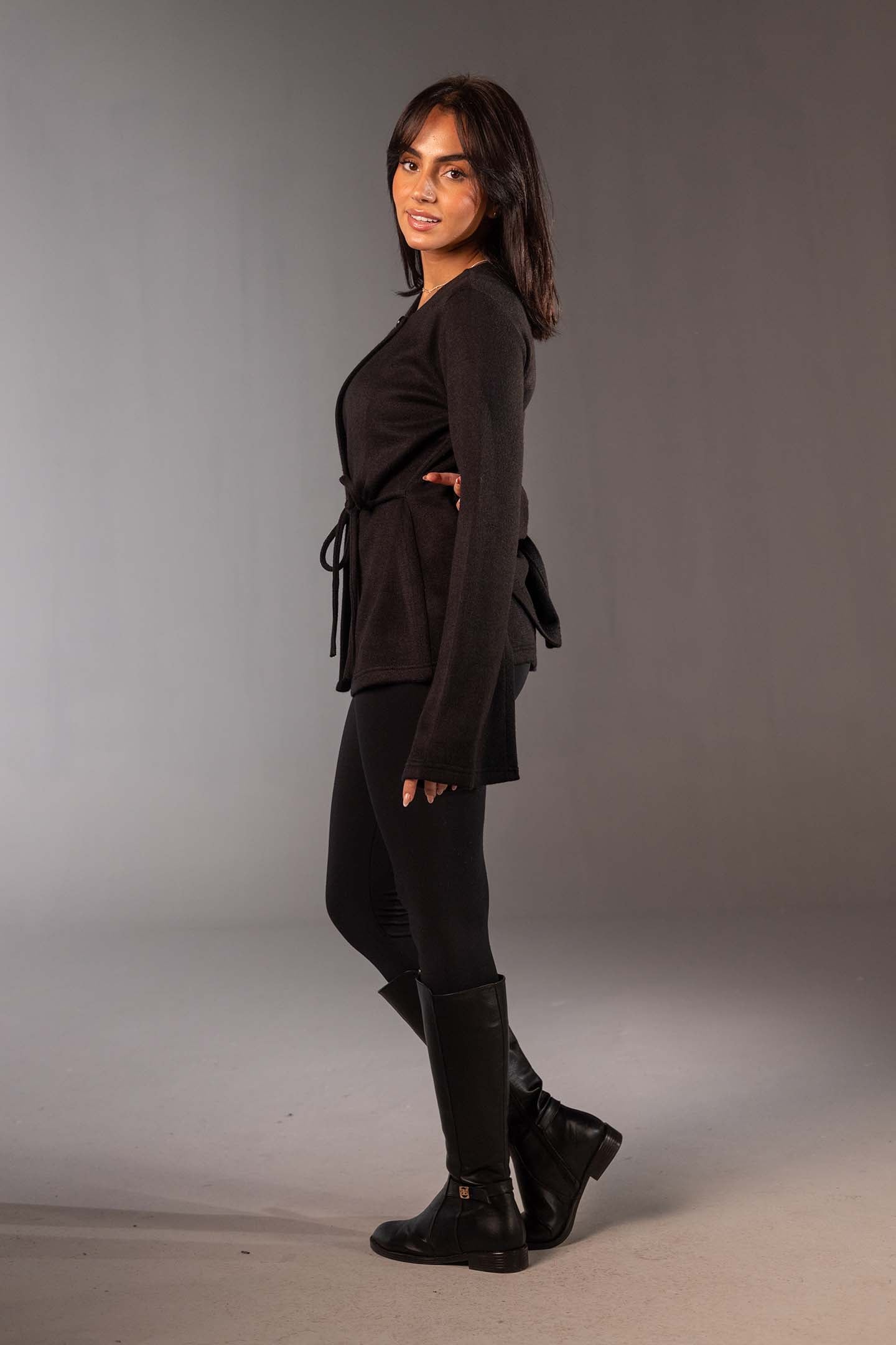 Black Soft Knit Wrap Top with Flared Sleeves