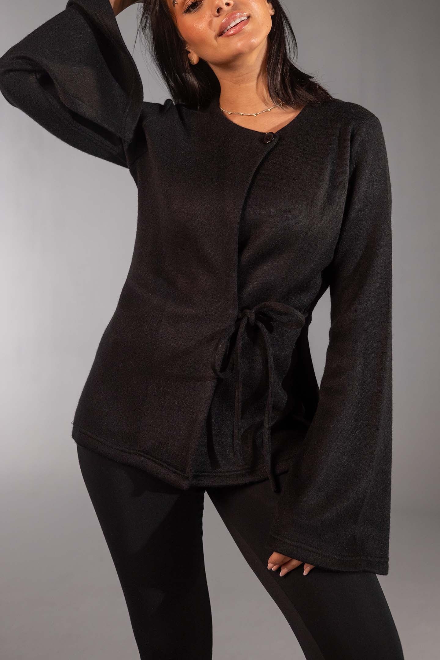 Black Soft Knit Wrap Top with Flared Sleeves