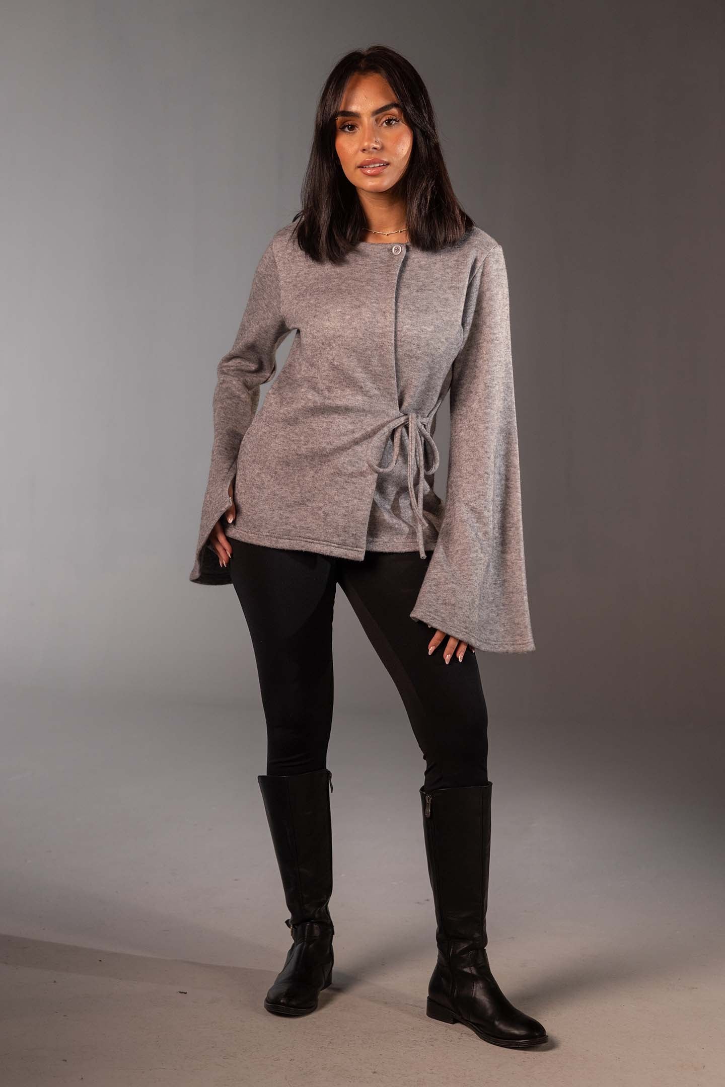Grey Soft Knit Wrap Top with Flared Sleeves
