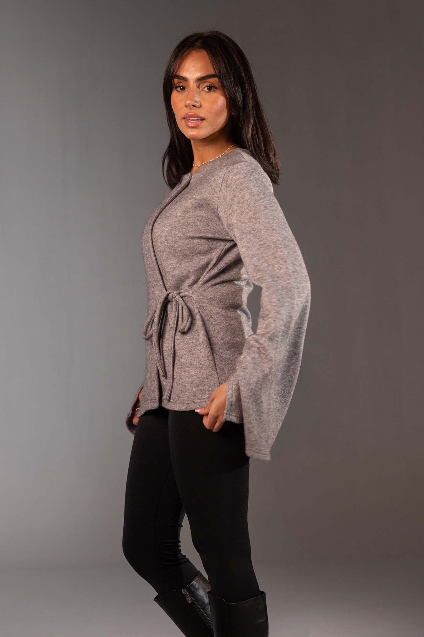 Grey Soft Knit Wrap Top with Flared Sleeves