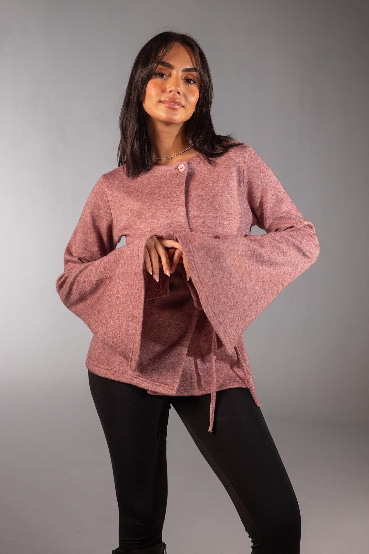 Rose Soft Knit Wrap Top with Flared Sleeves