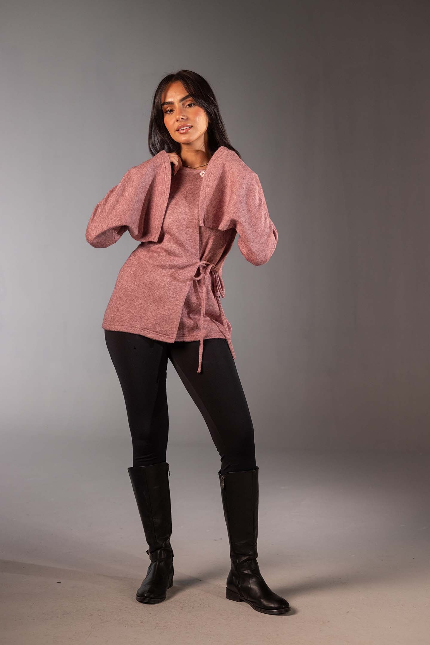 Rose Soft Knit Wrap Top with Flared Sleeves