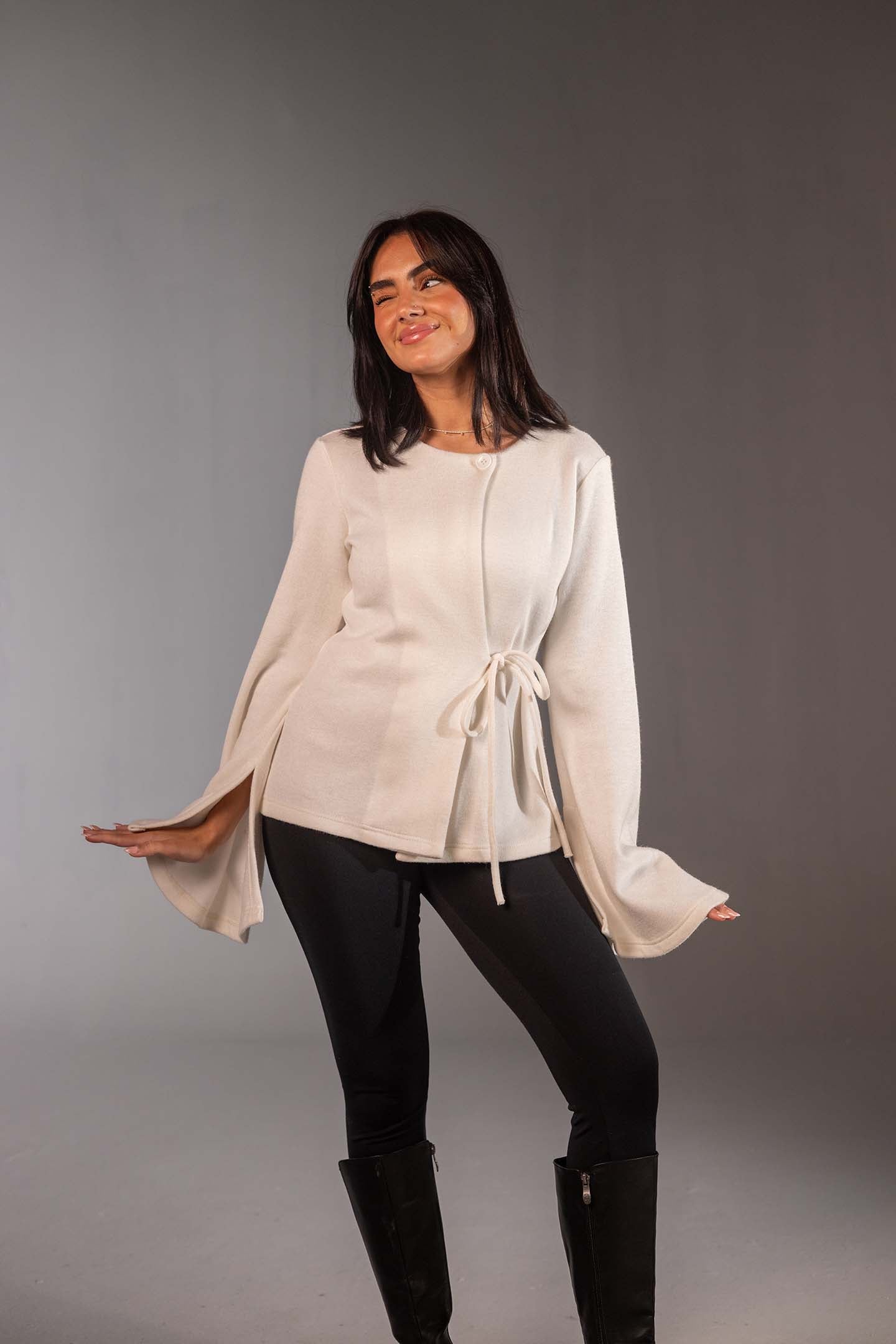 White Soft Knit Wrap Top with Flared Sleeves