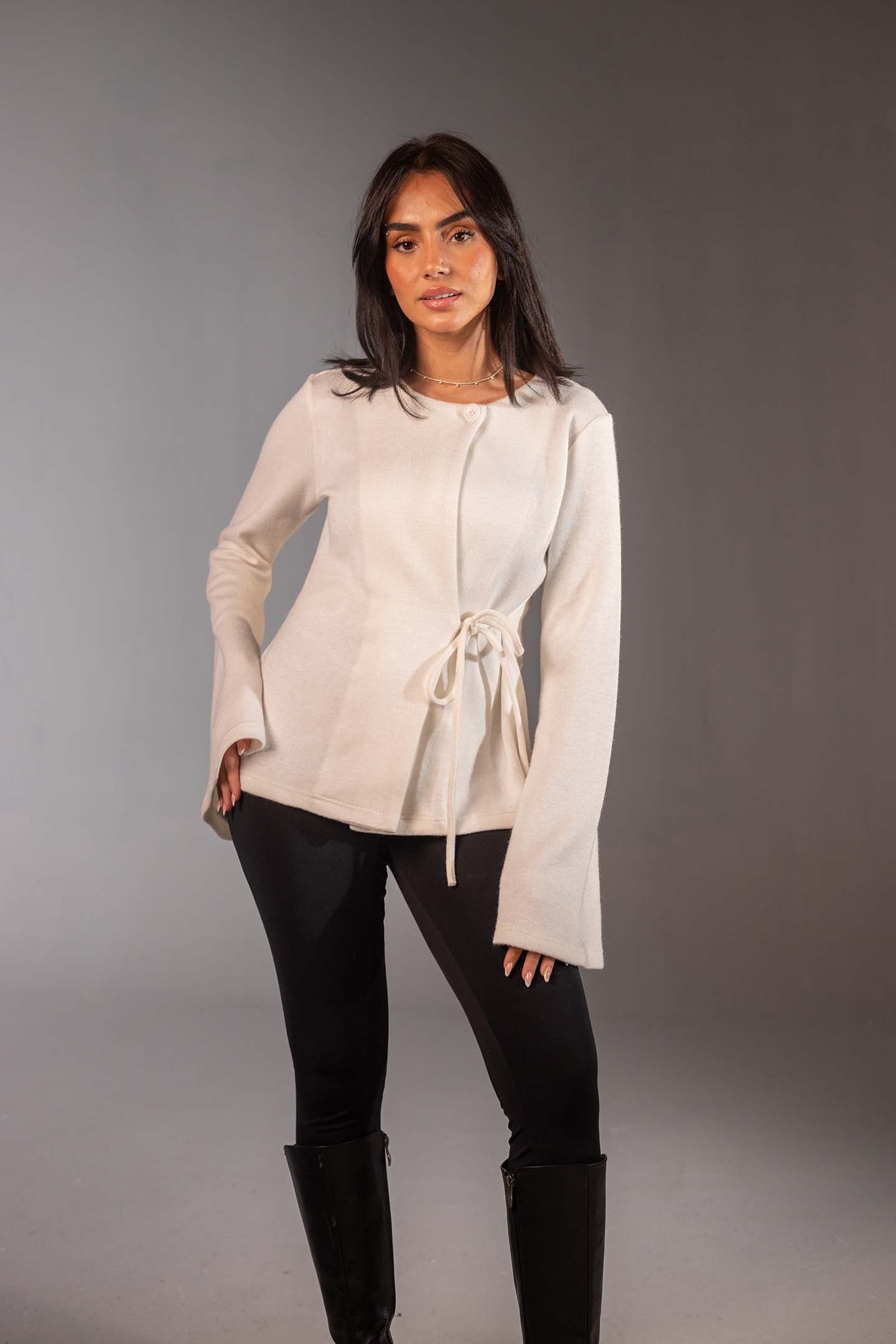 White Soft Knit Wrap Top with Flared Sleeves