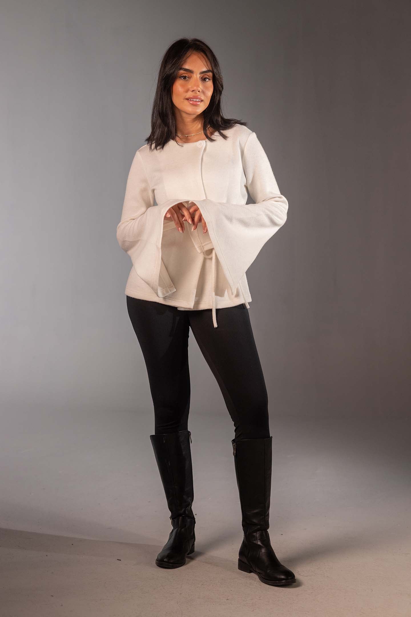White Soft Knit Wrap Top with Flared Sleeves