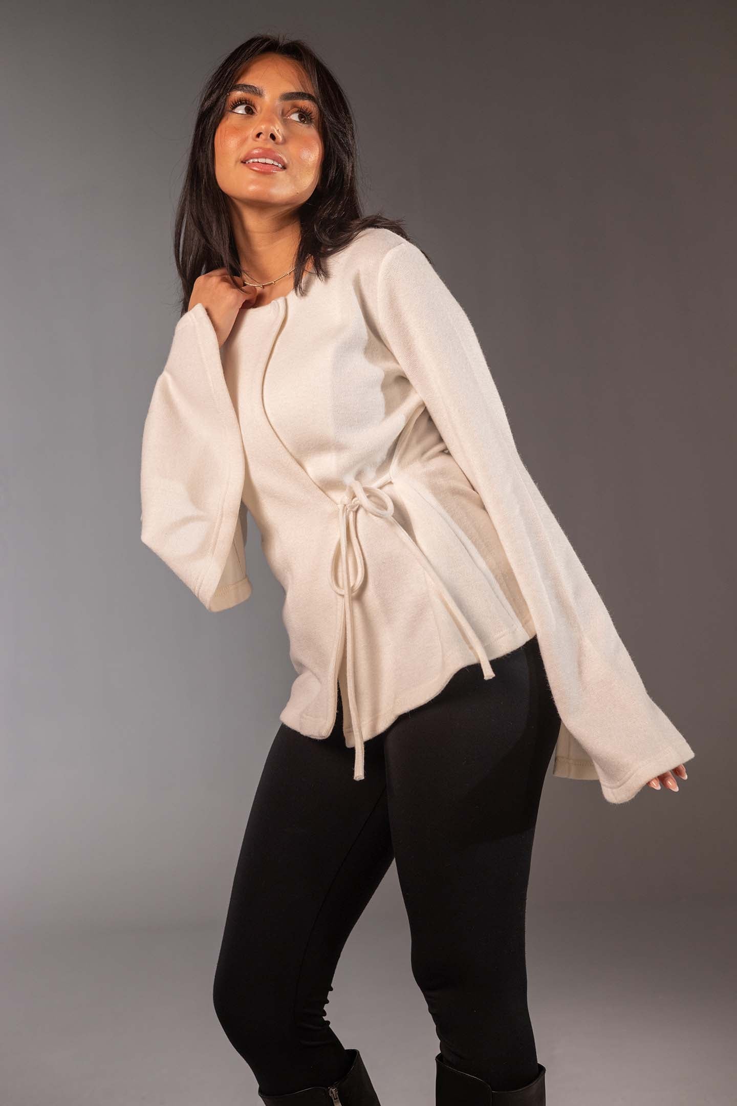 White Soft Knit Wrap Top with Flared Sleeves