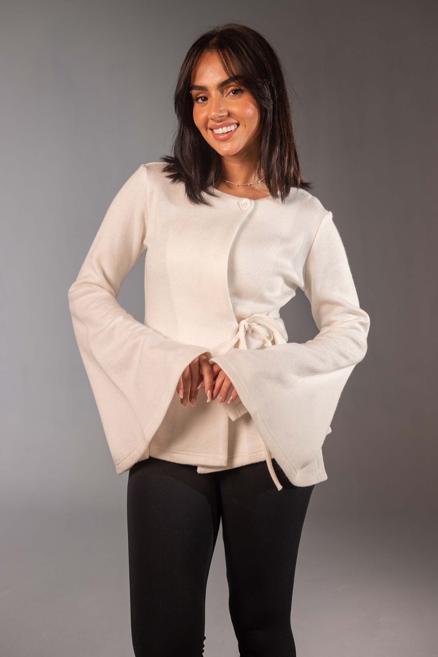 White Soft Knit Wrap Top with Flared Sleeves