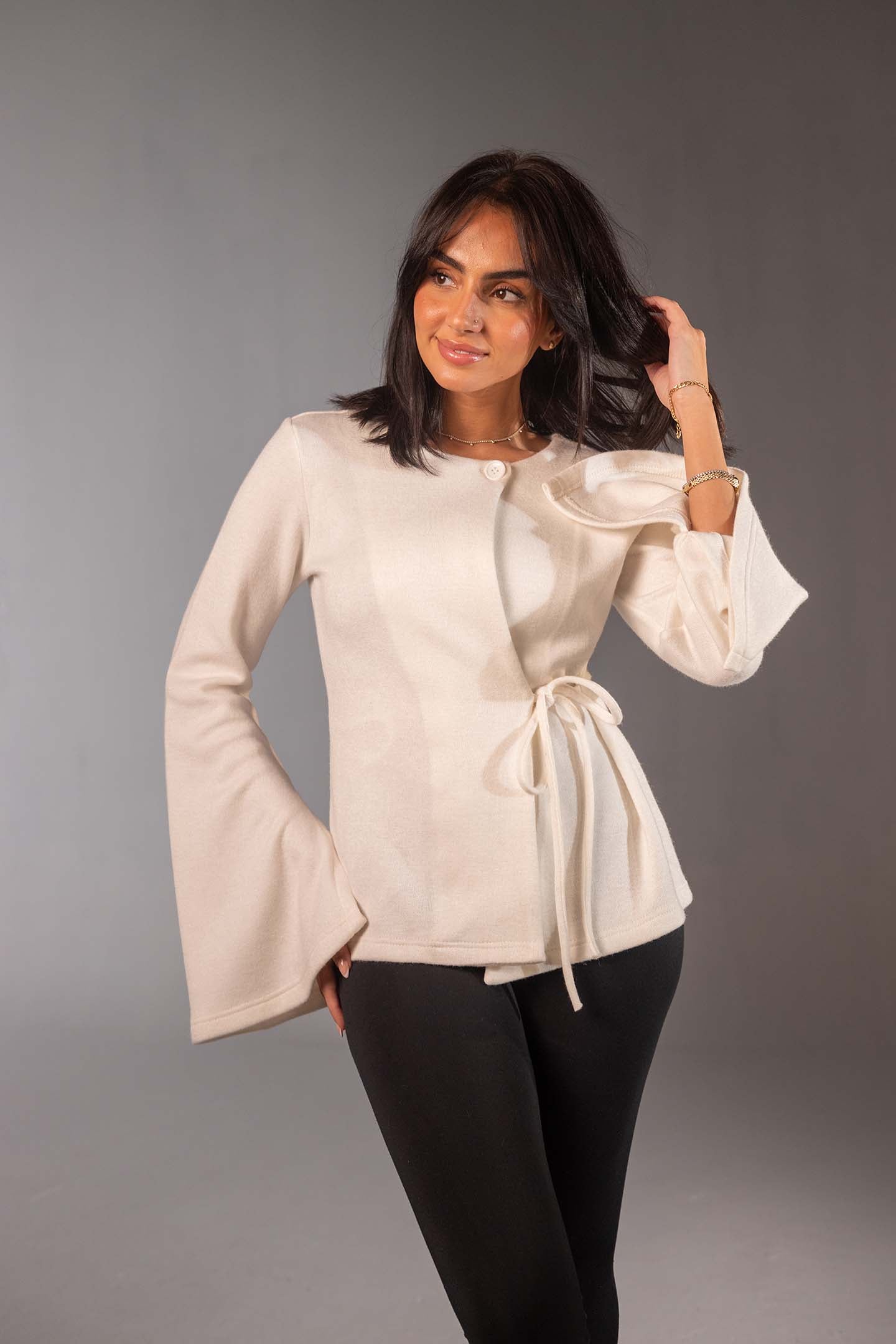 White Soft Knit Wrap Top with Flared Sleeves