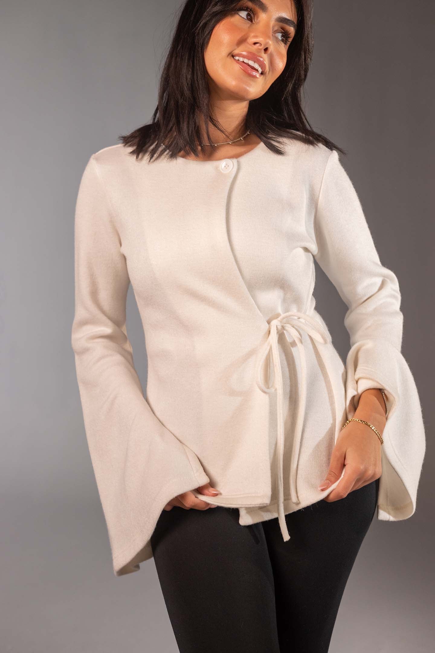 White Soft Knit Wrap Top with Flared Sleeves