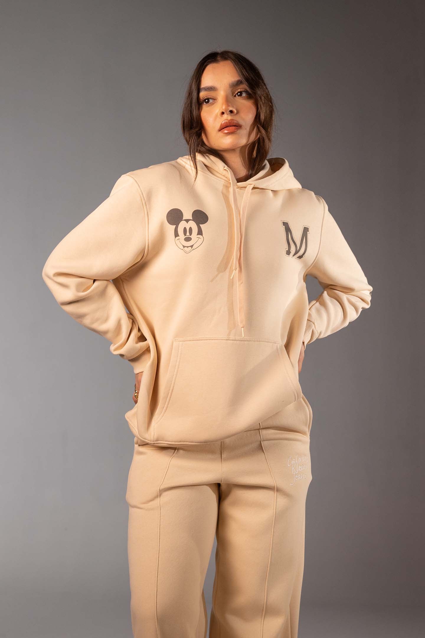 Beige Graphic Oversized Hoodie