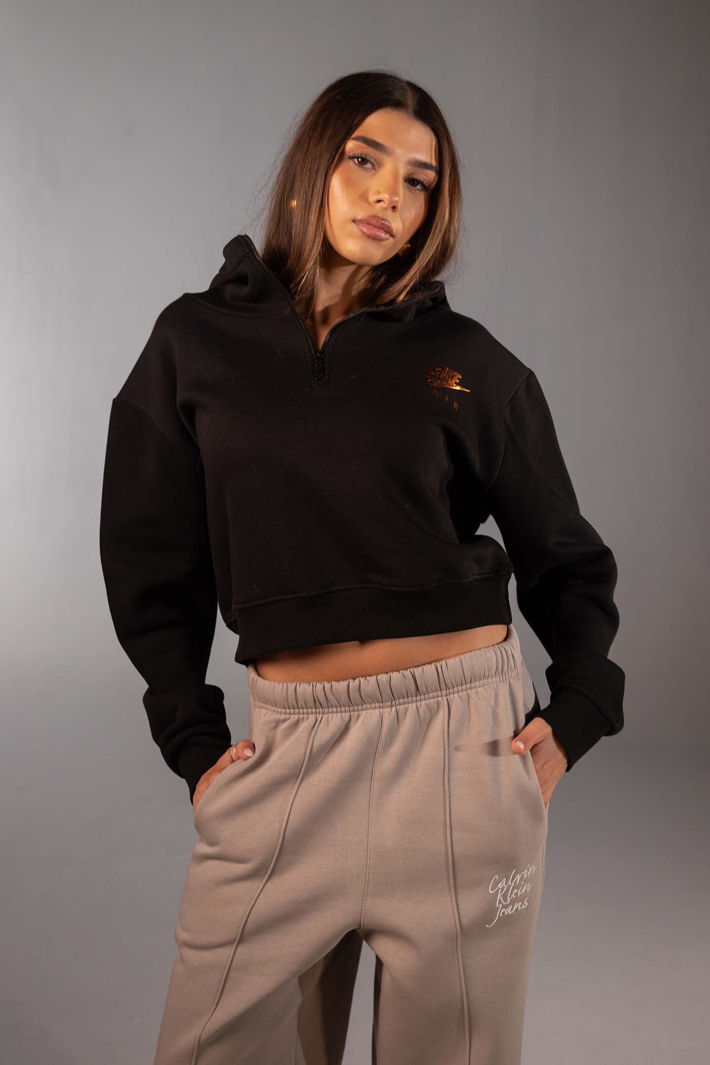 Black Cropped Half-Zip Black Hoodie