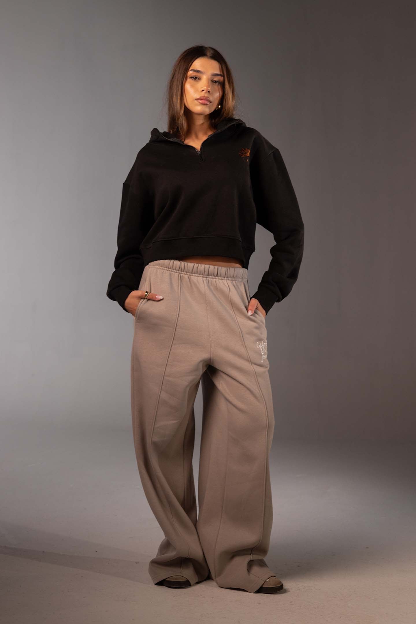 Black Cropped Half-Zip Black Hoodie