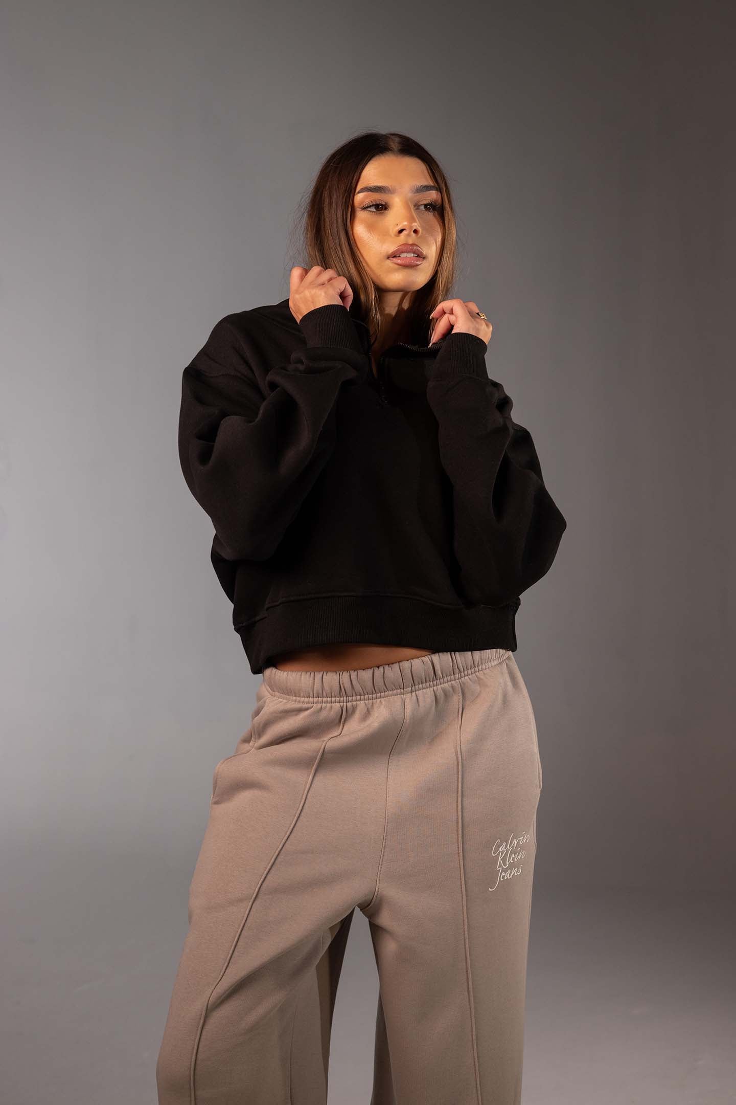 Black Cropped Half-Zip Black Hoodie