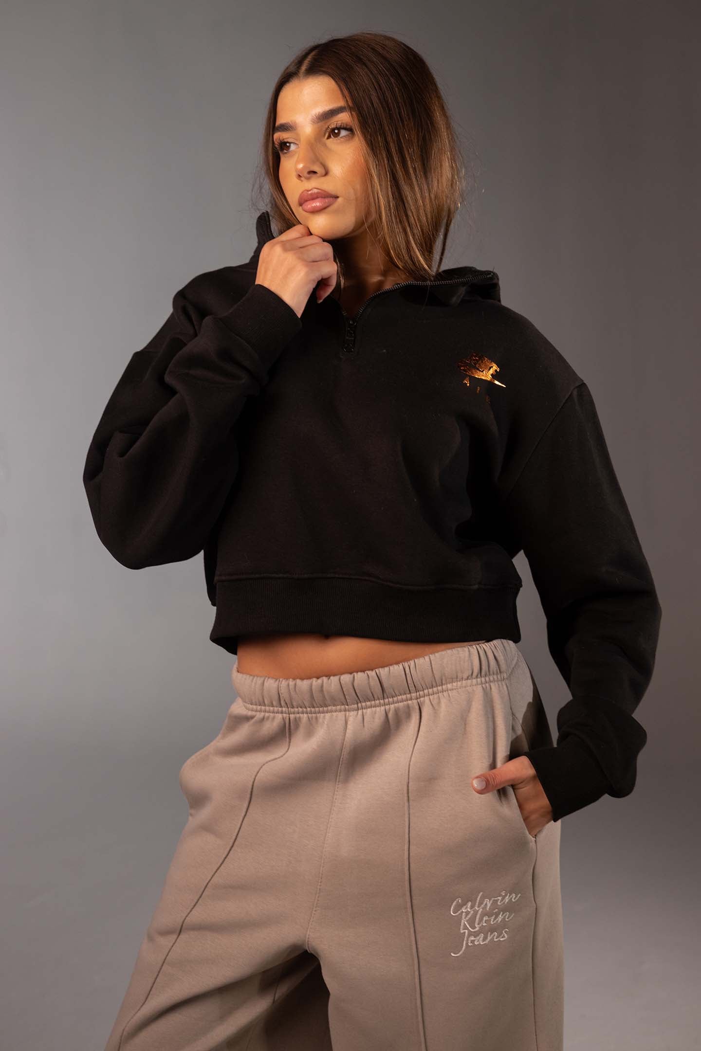 Black Cropped Half-Zip Black Hoodie