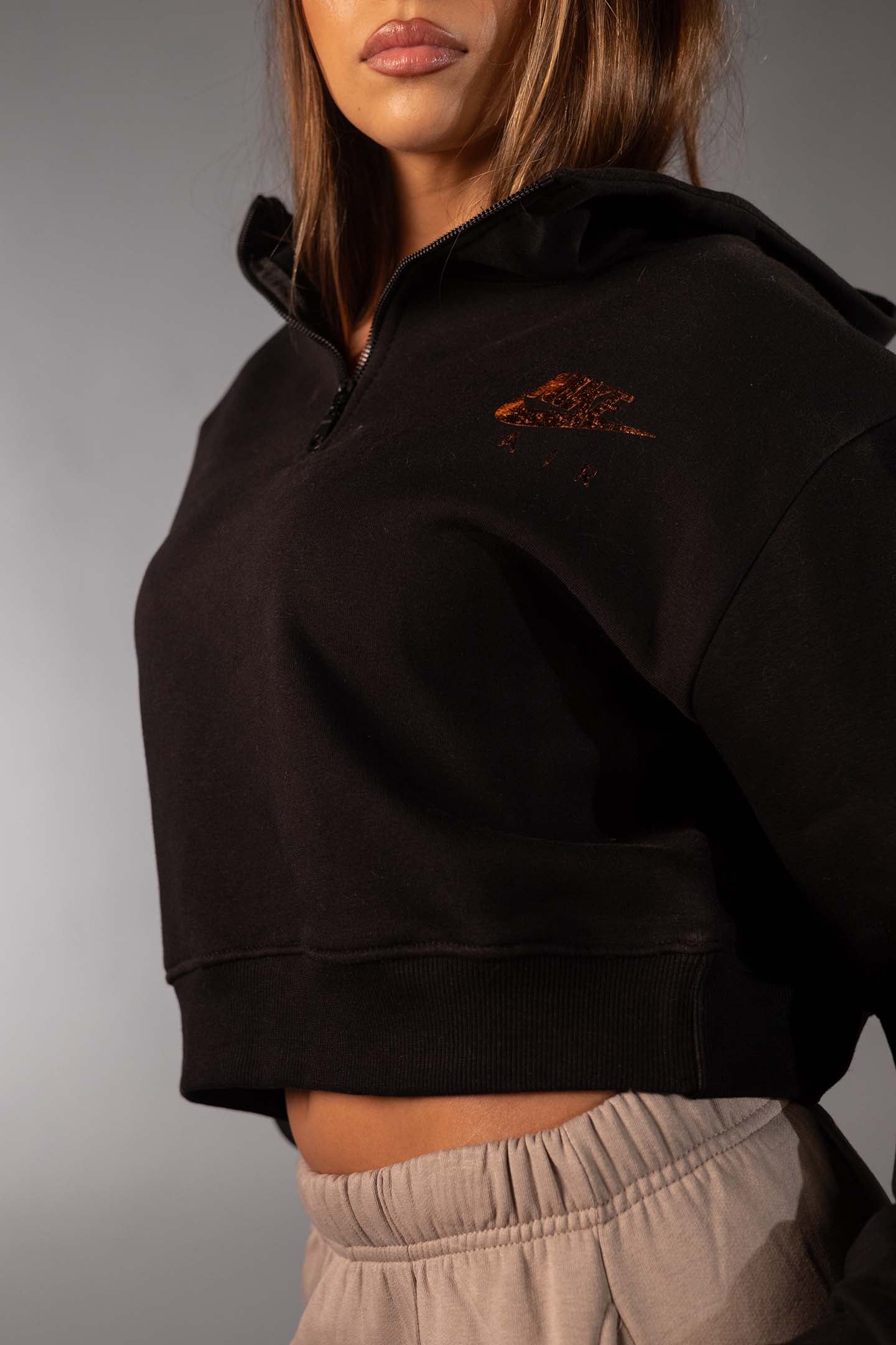 Black Cropped Half-Zip Black Hoodie
