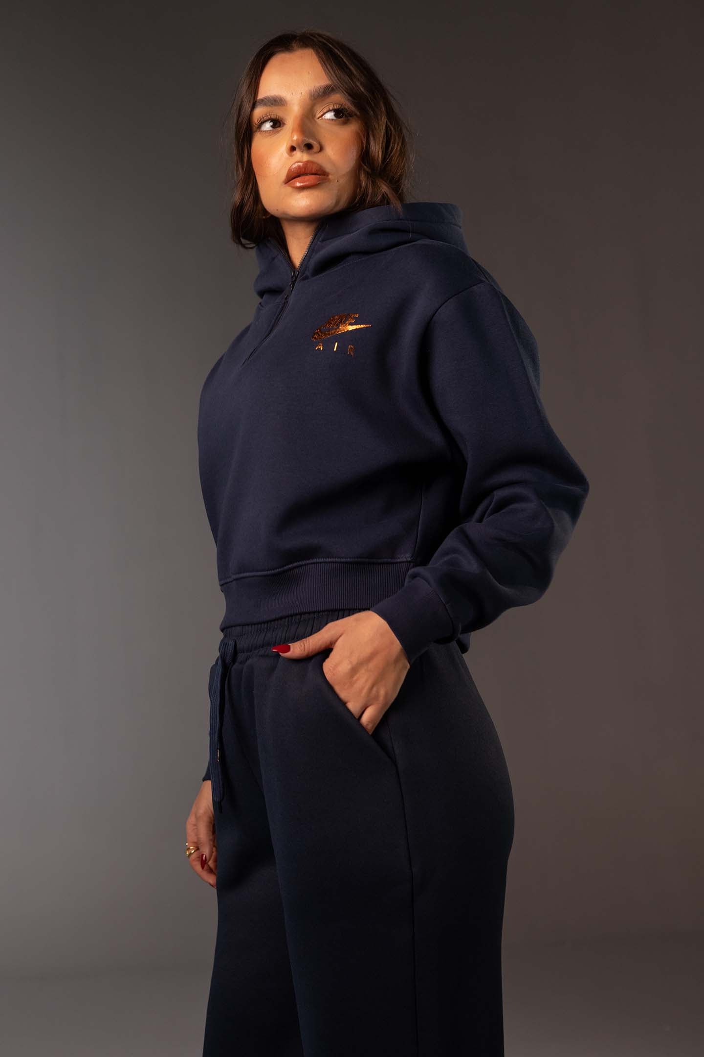 Navy Cropped Half-Zip Black Hoodie