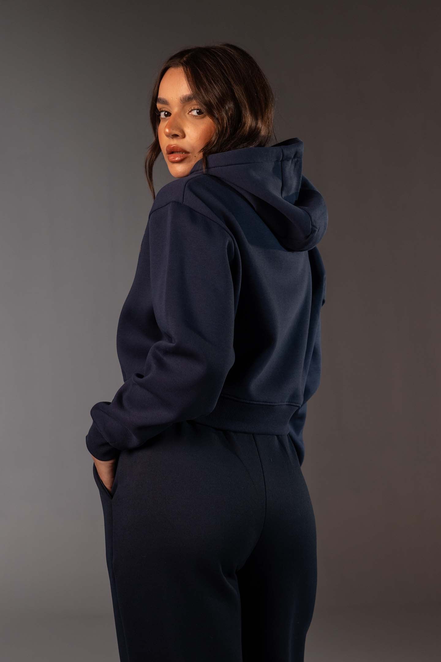 Navy Cropped Half-Zip Black Hoodie