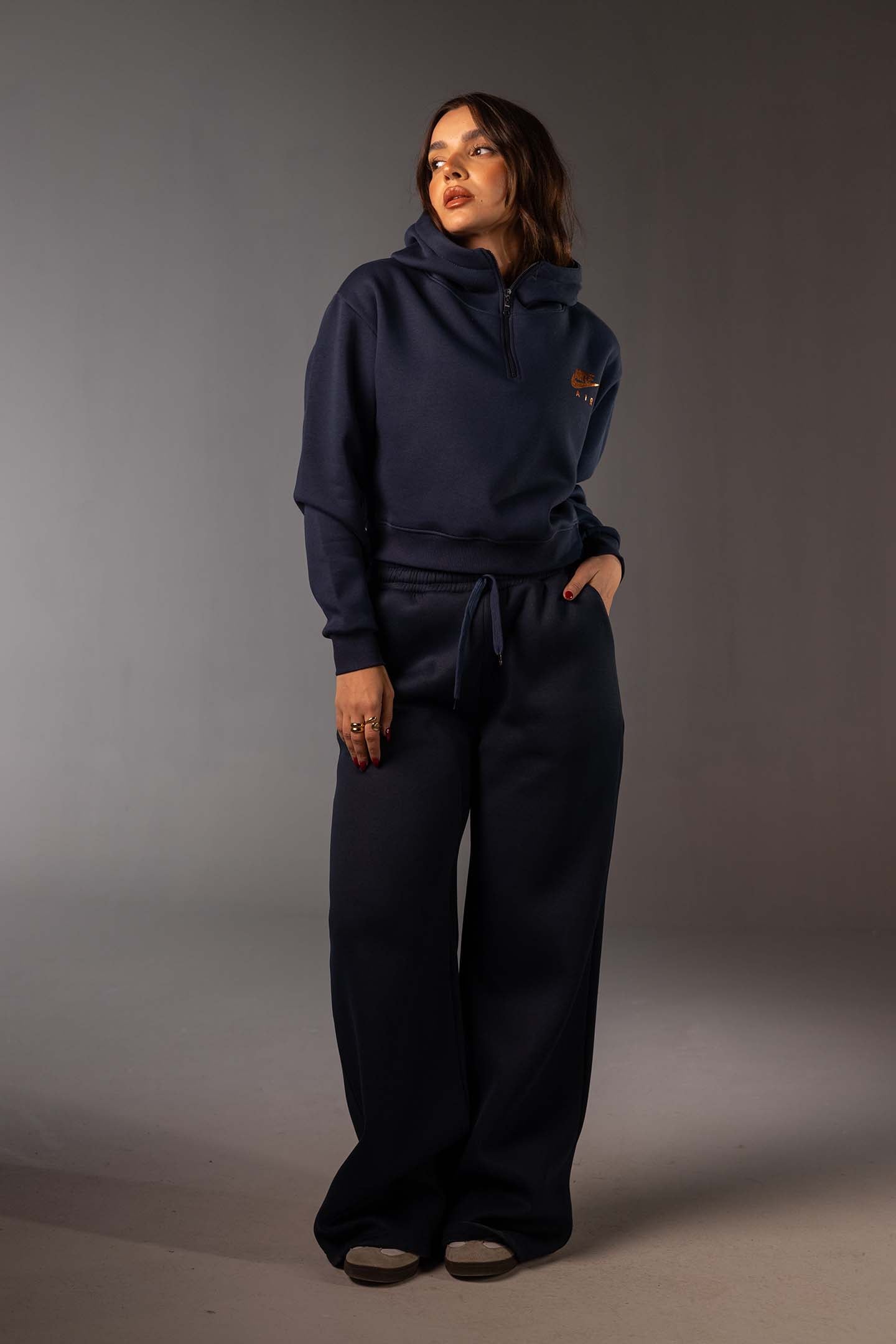 Navy Cropped Half-Zip Black Hoodie