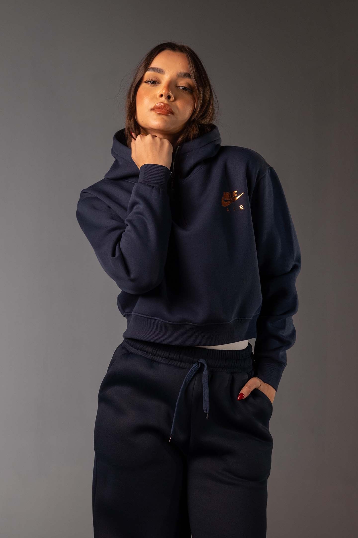 Navy Cropped Half-Zip Black Hoodie