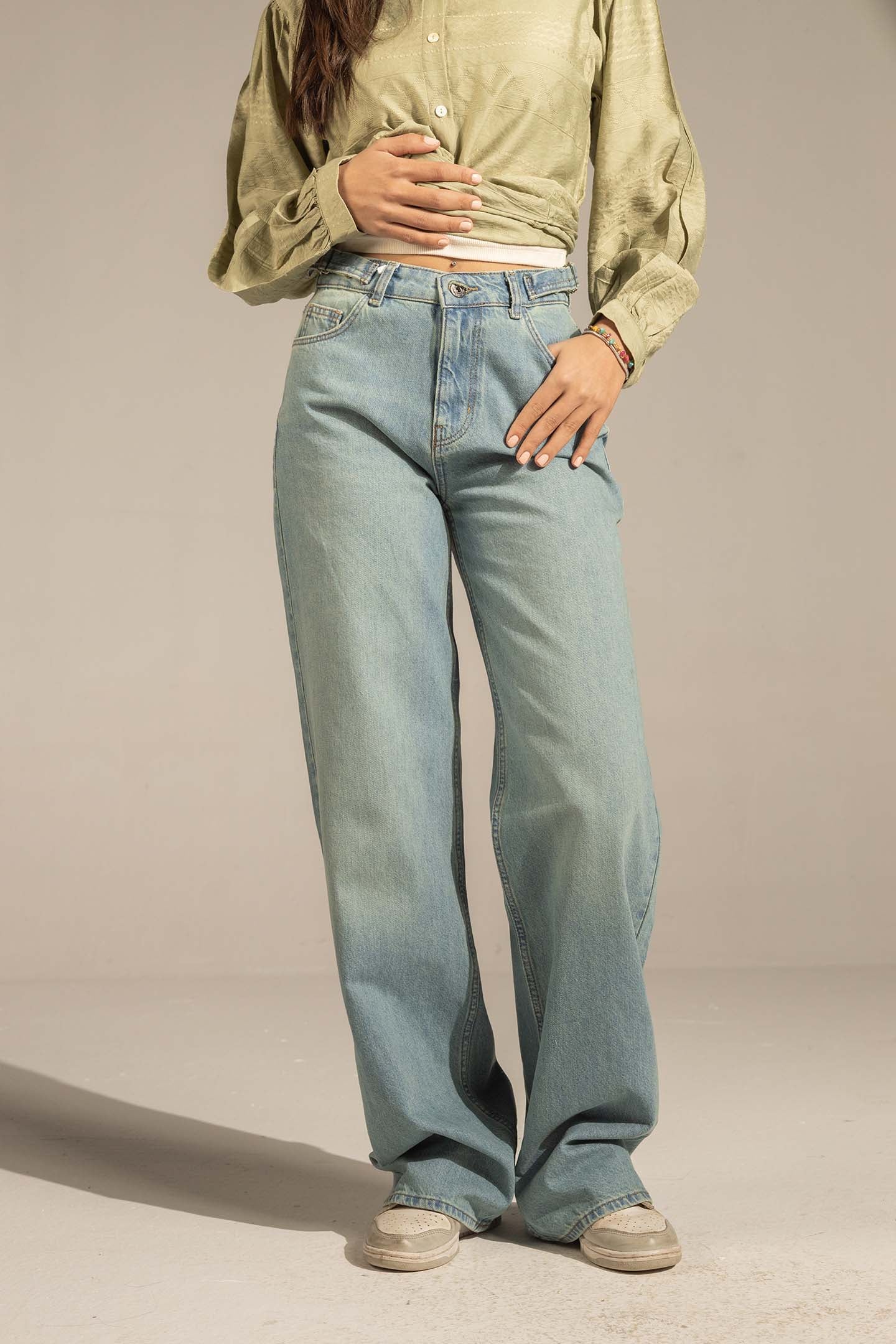 Navy Washed High-Rise Wide-Leg Denim Jeans