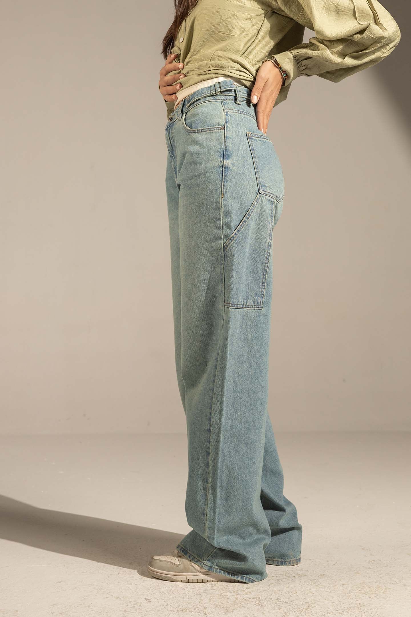 Navy Washed High-Rise Wide-Leg Denim Jeans