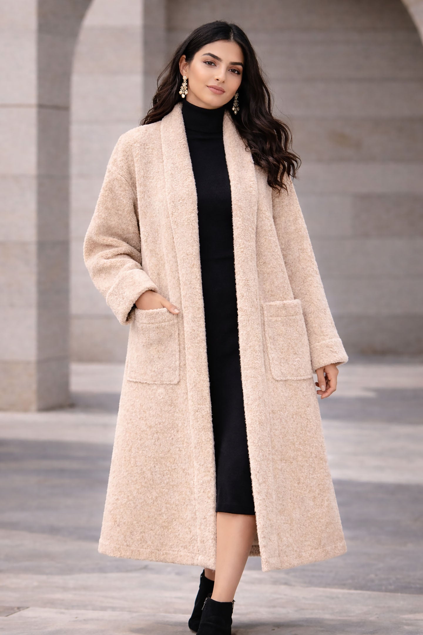 Beige Long Wool Winter Cardigan