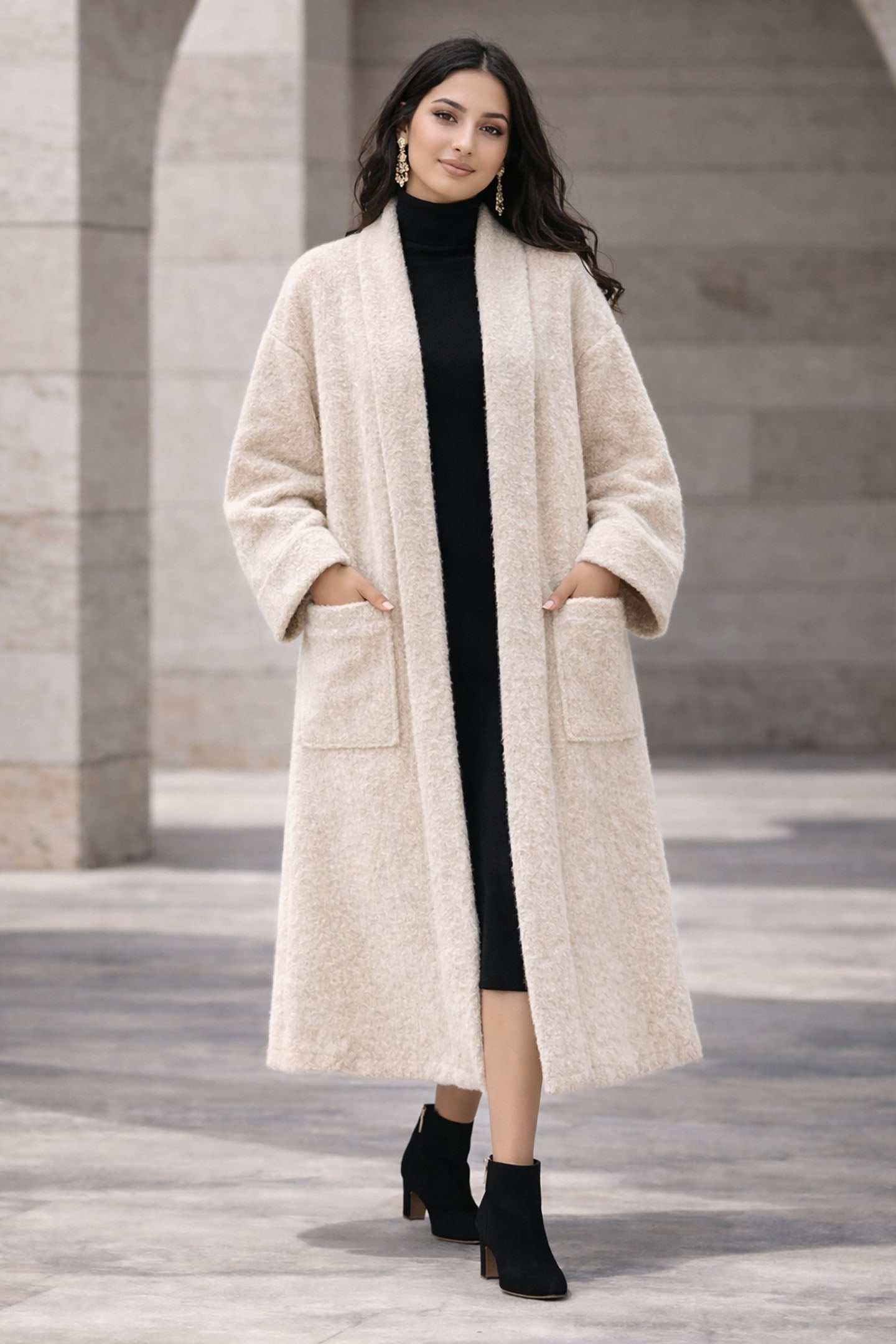 Off White Long Wool Winter Cardigan