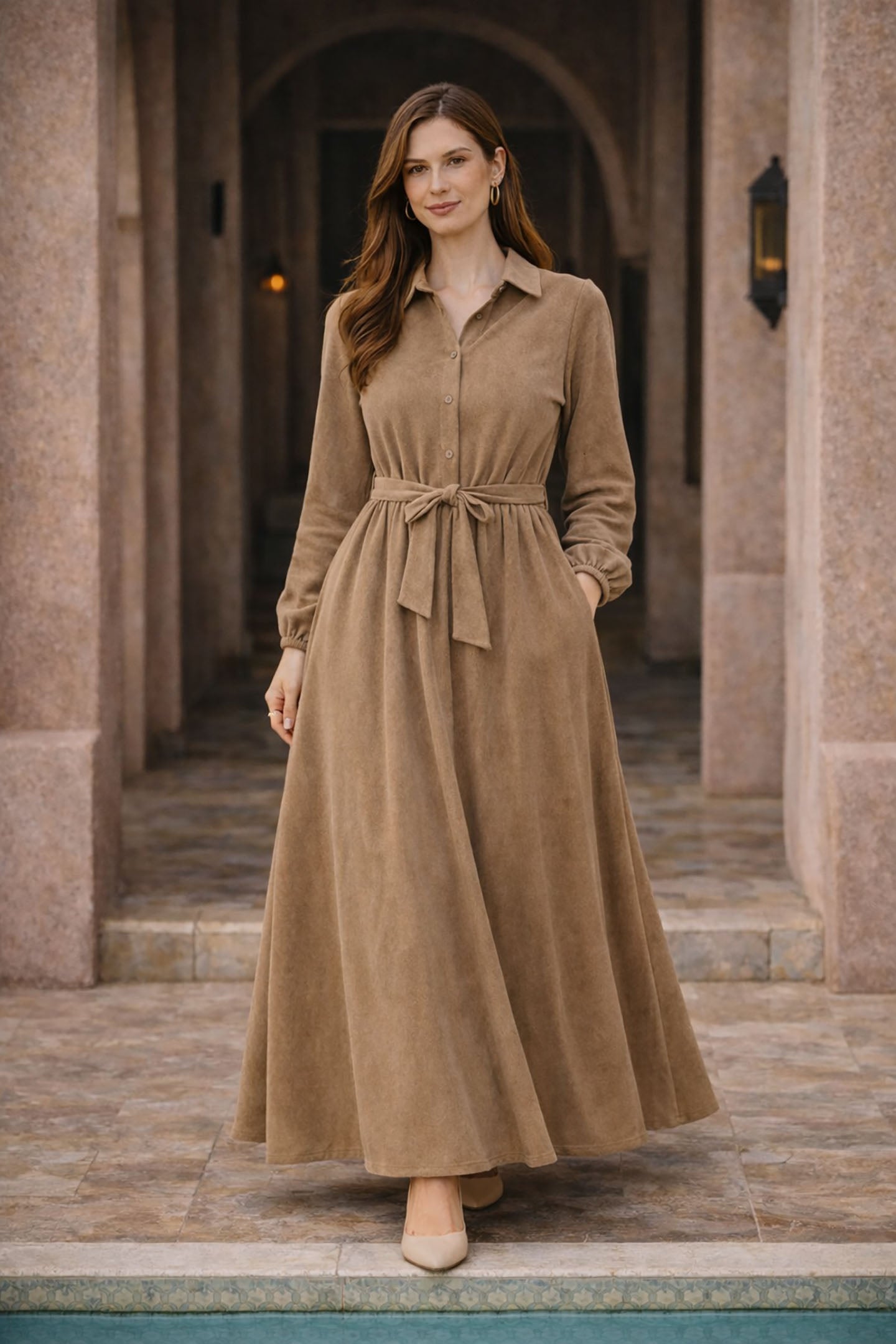Coffe Suede Velvet Tied Dress