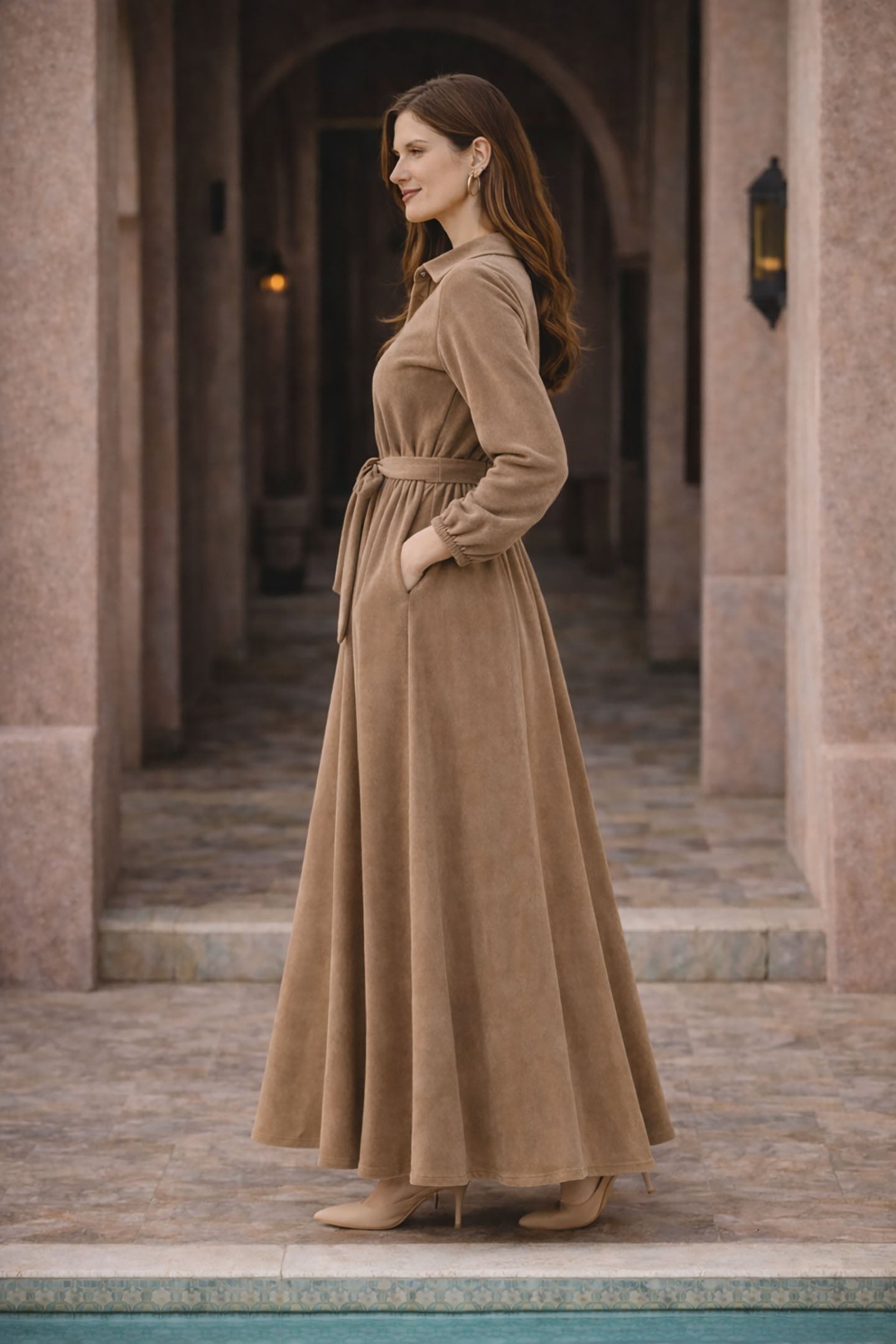 Coffe Suede Velvet Tied Dress