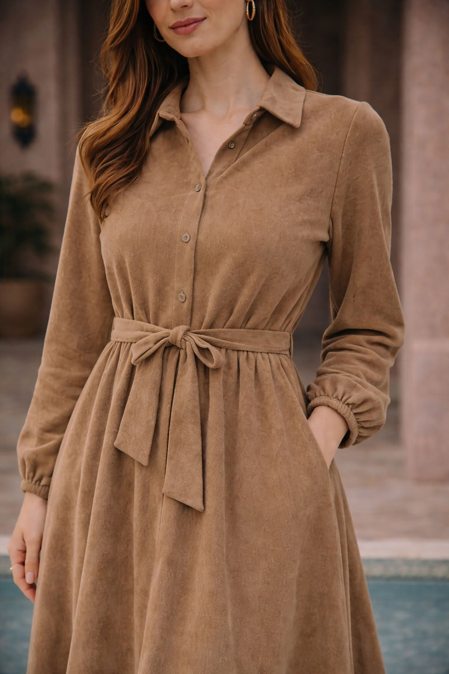 فستان قطيفة مخملي بني قهوة بخصر مربوط