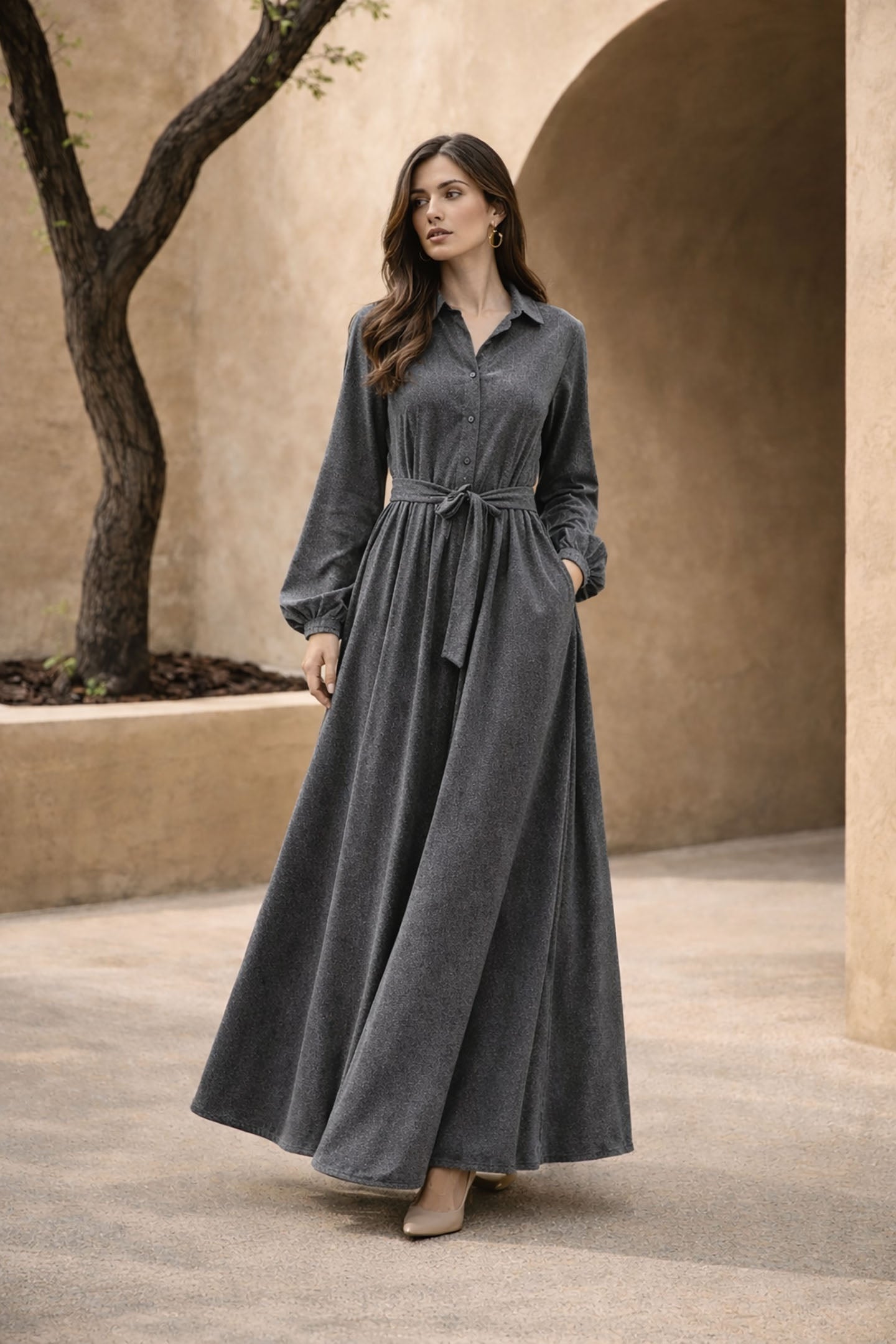 Grey Suede Velvet Tied Dress