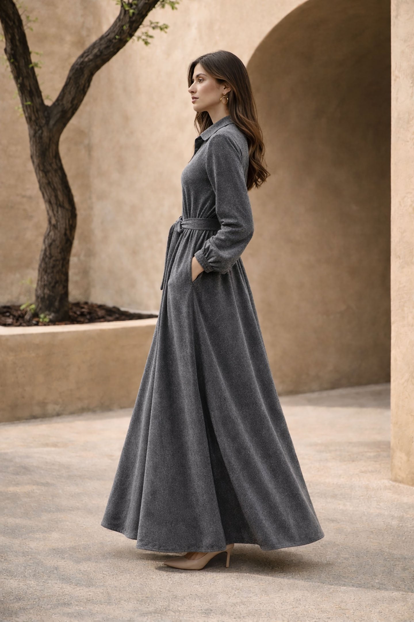 Grey Suede Velvet Tied Dress