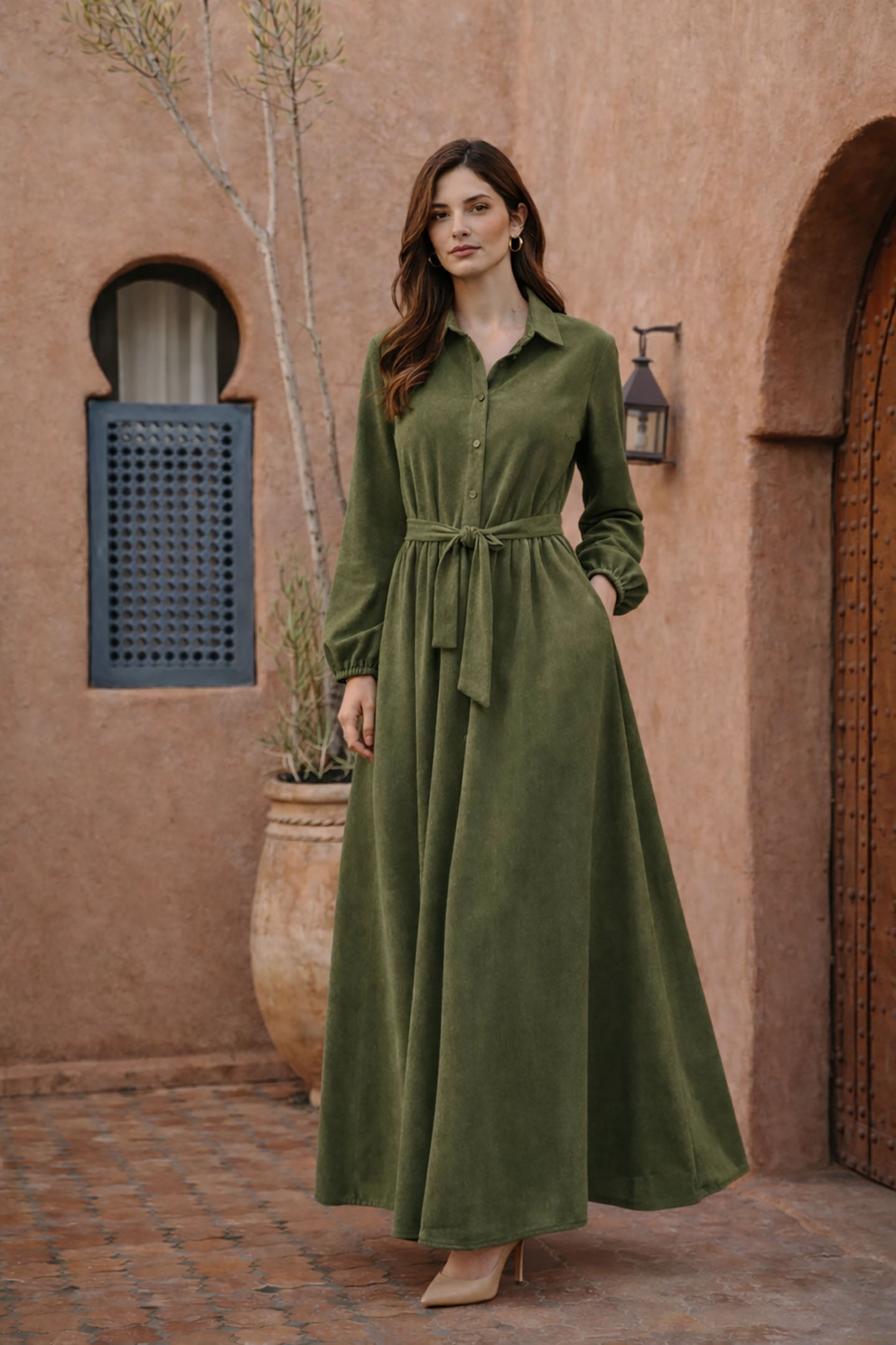 Olive Suede Velvet Tied Dress