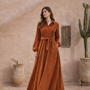 فستان قطيفة مخملي برتقالي بخصر مربوط