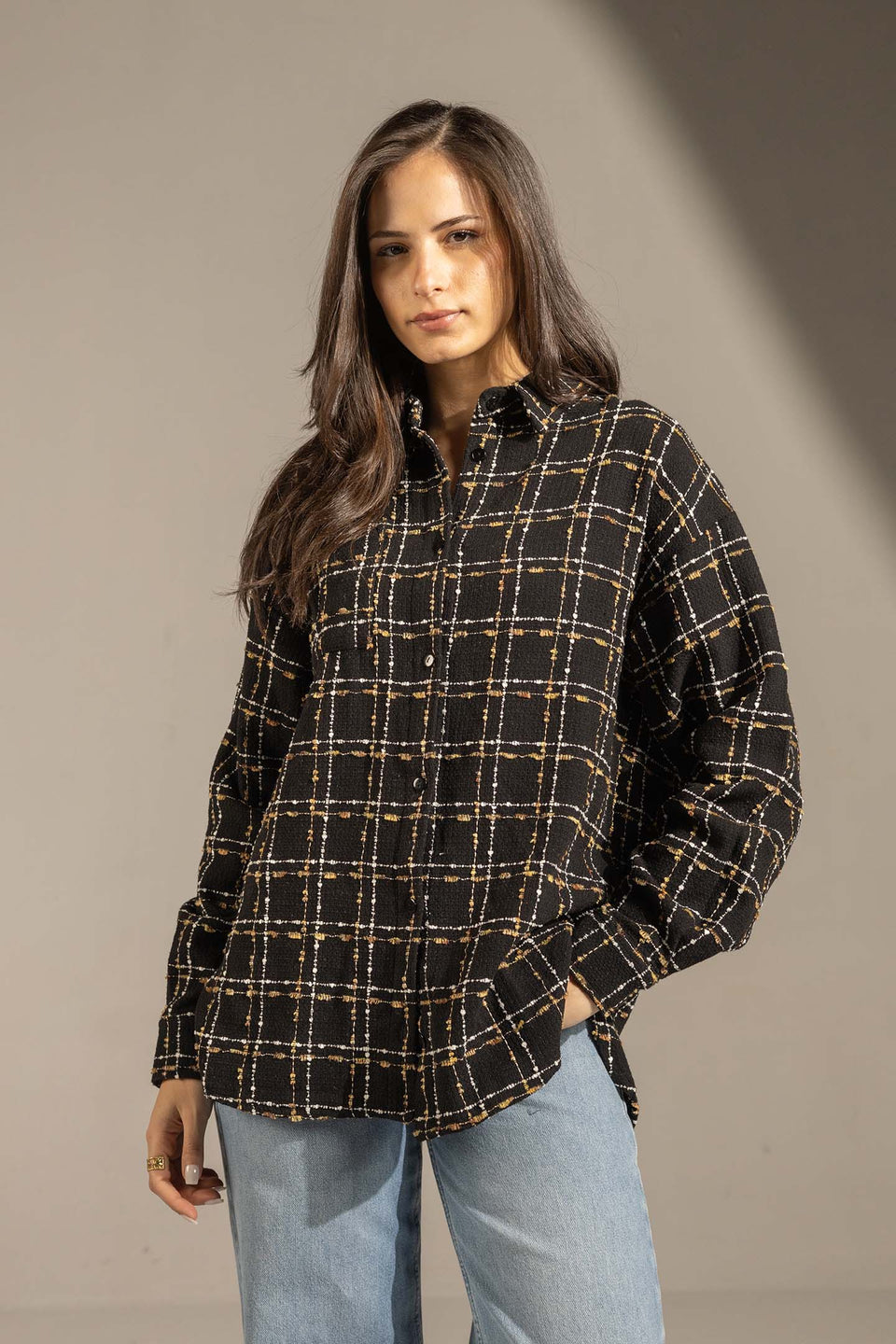 Black Textured Check Oversized Shirt