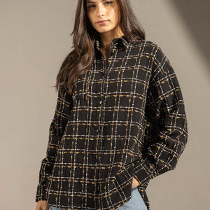 Black Textured Check Oversized Shirt
