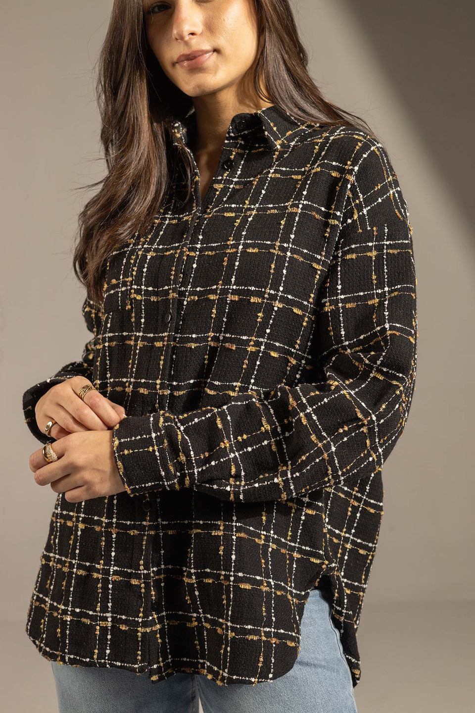 Black Textured Check Oversized Shirt