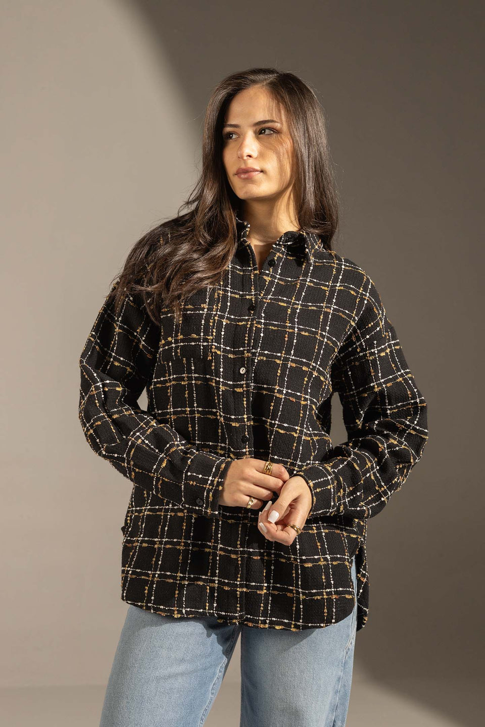 Black Textured Check Oversized Shirt