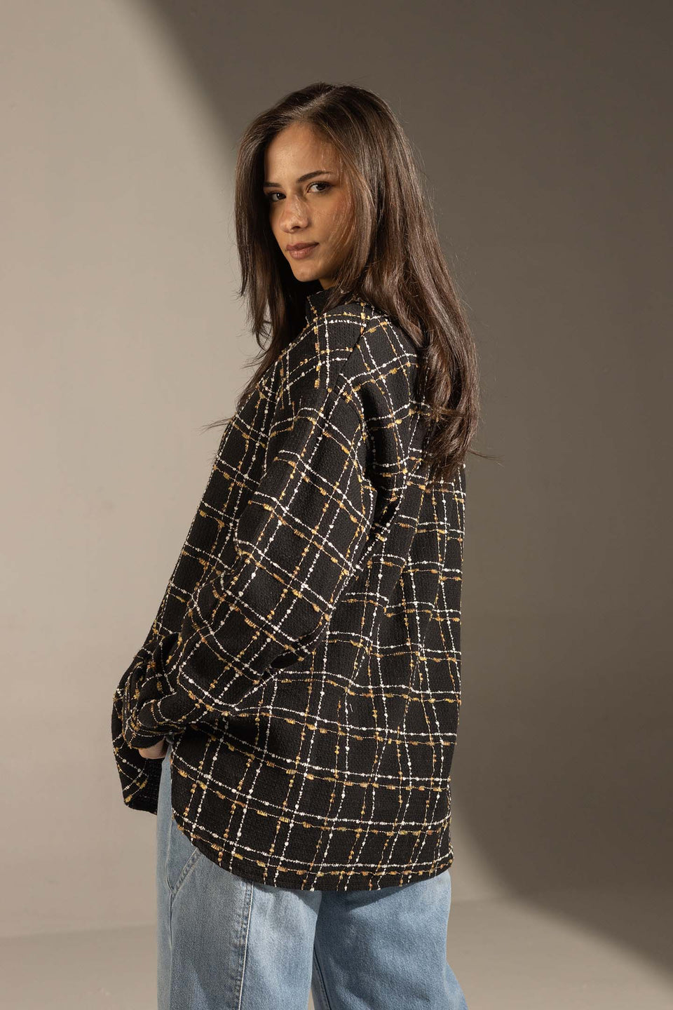 Black Textured Check Oversized Shirt