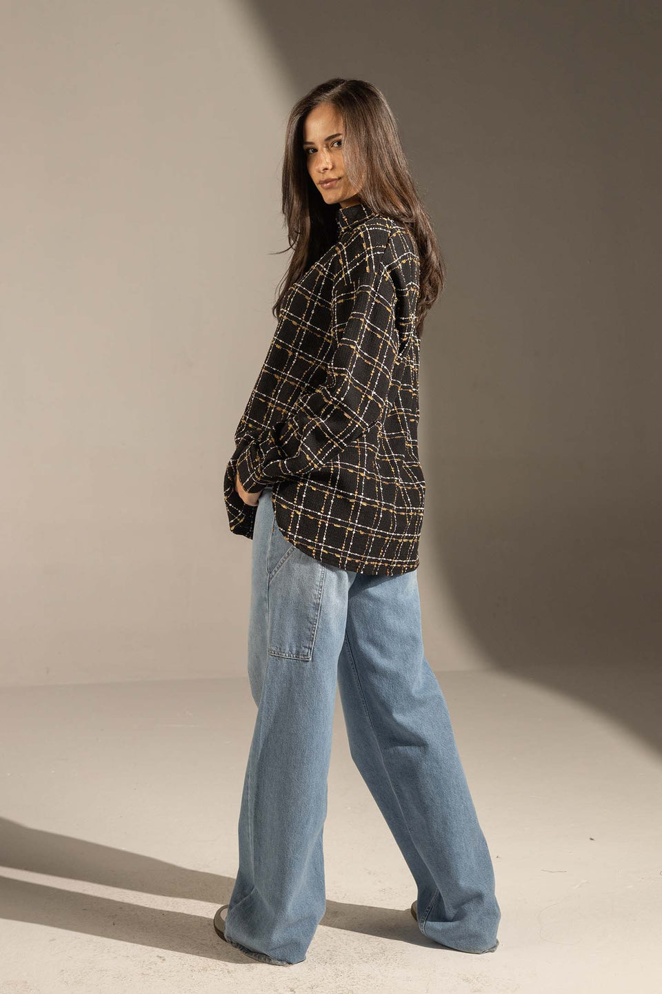 Black Textured Check Oversized Shirt