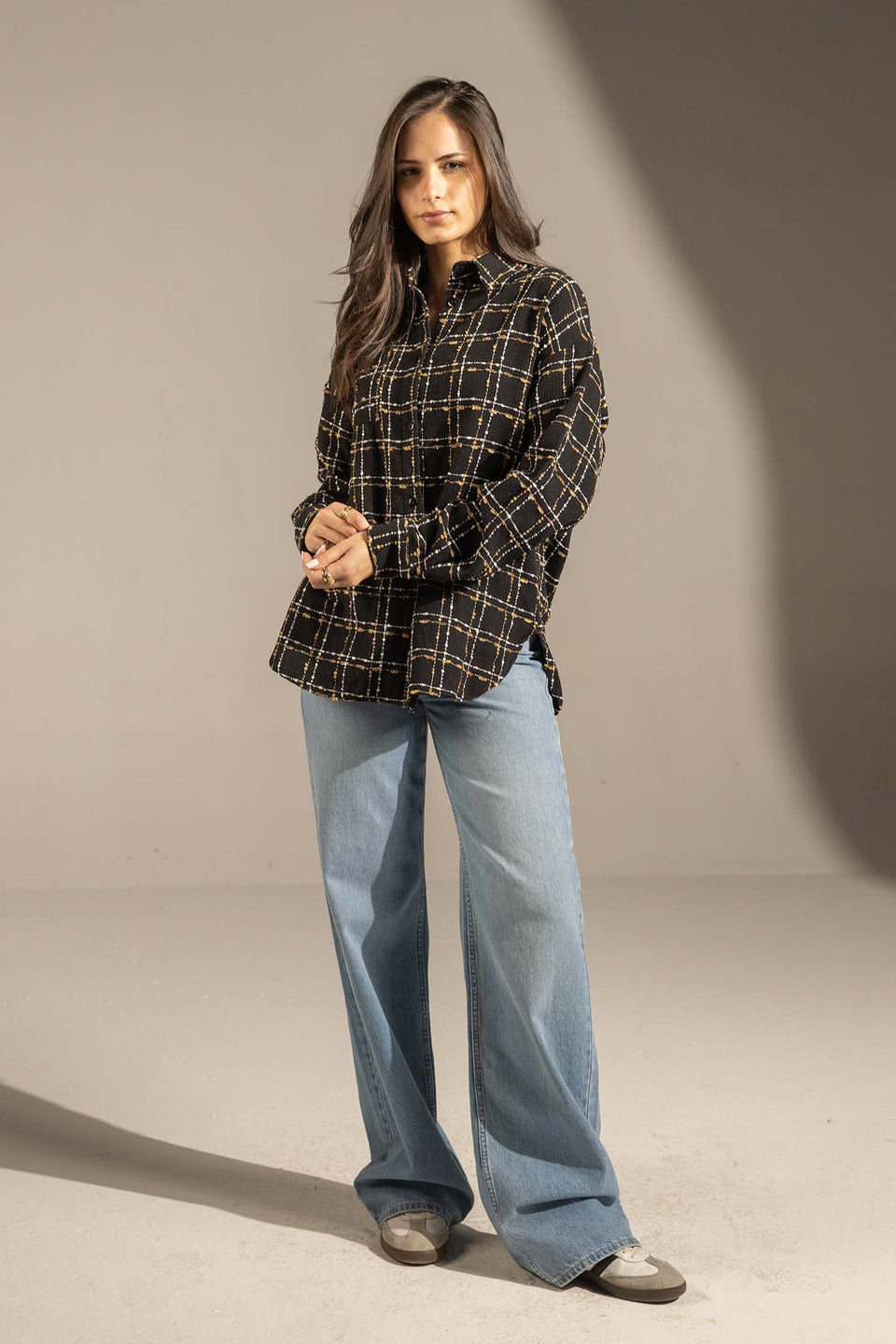 Black Textured Check Oversized Shirt
