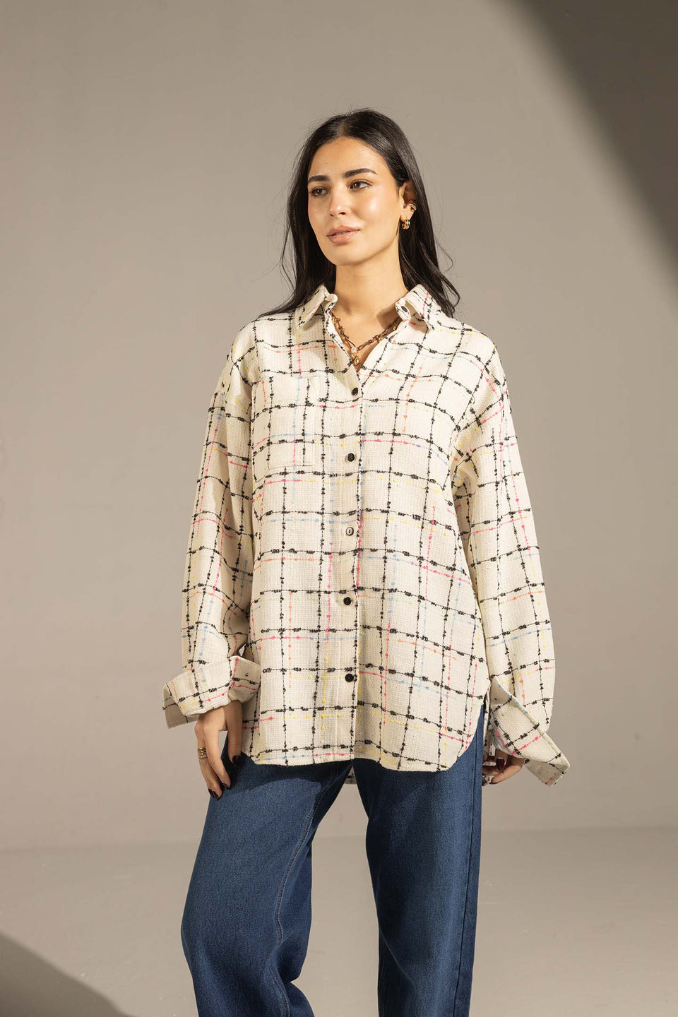 Off White Textured Check Oversized Shirt