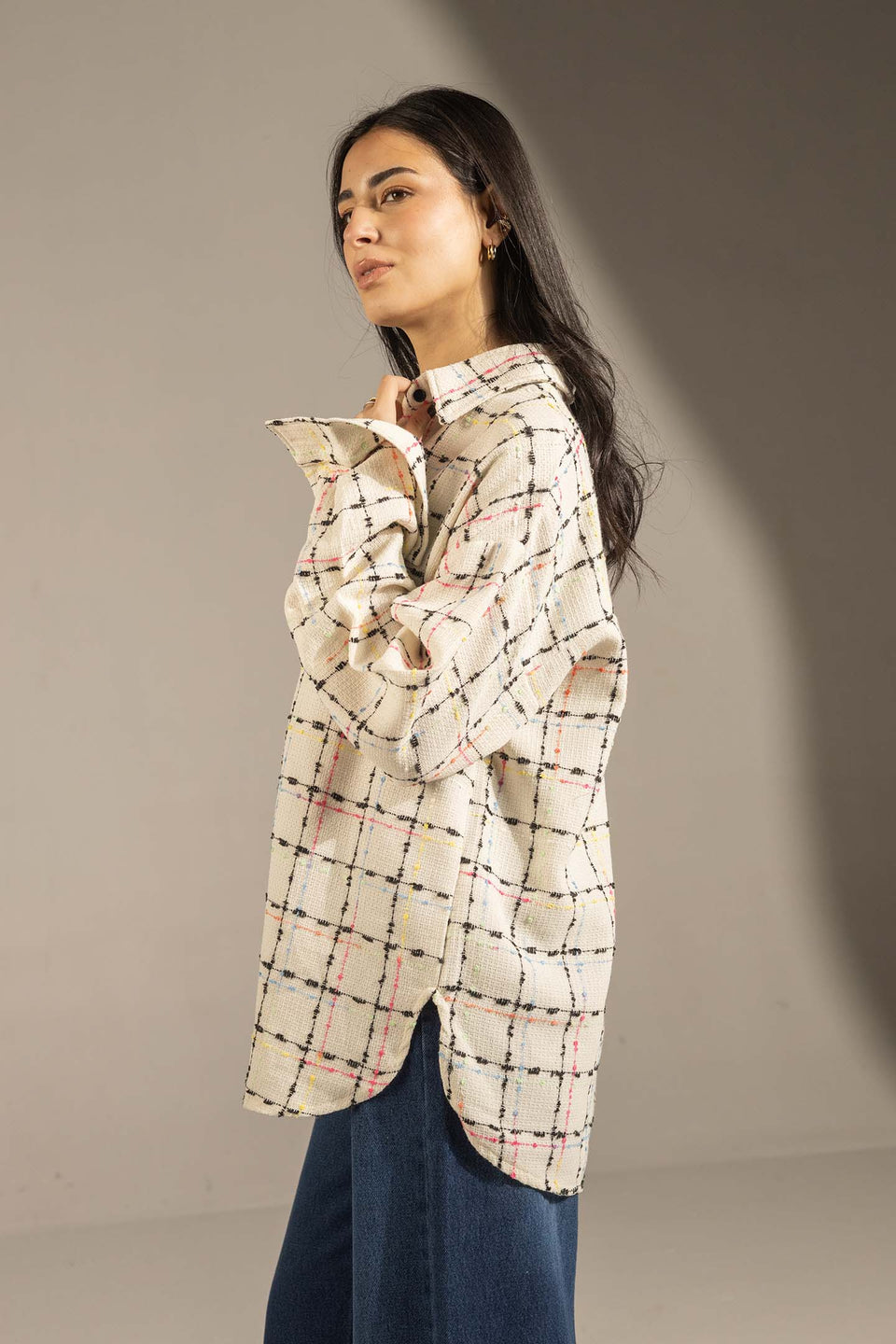 Off White Textured Check Oversized Shirt