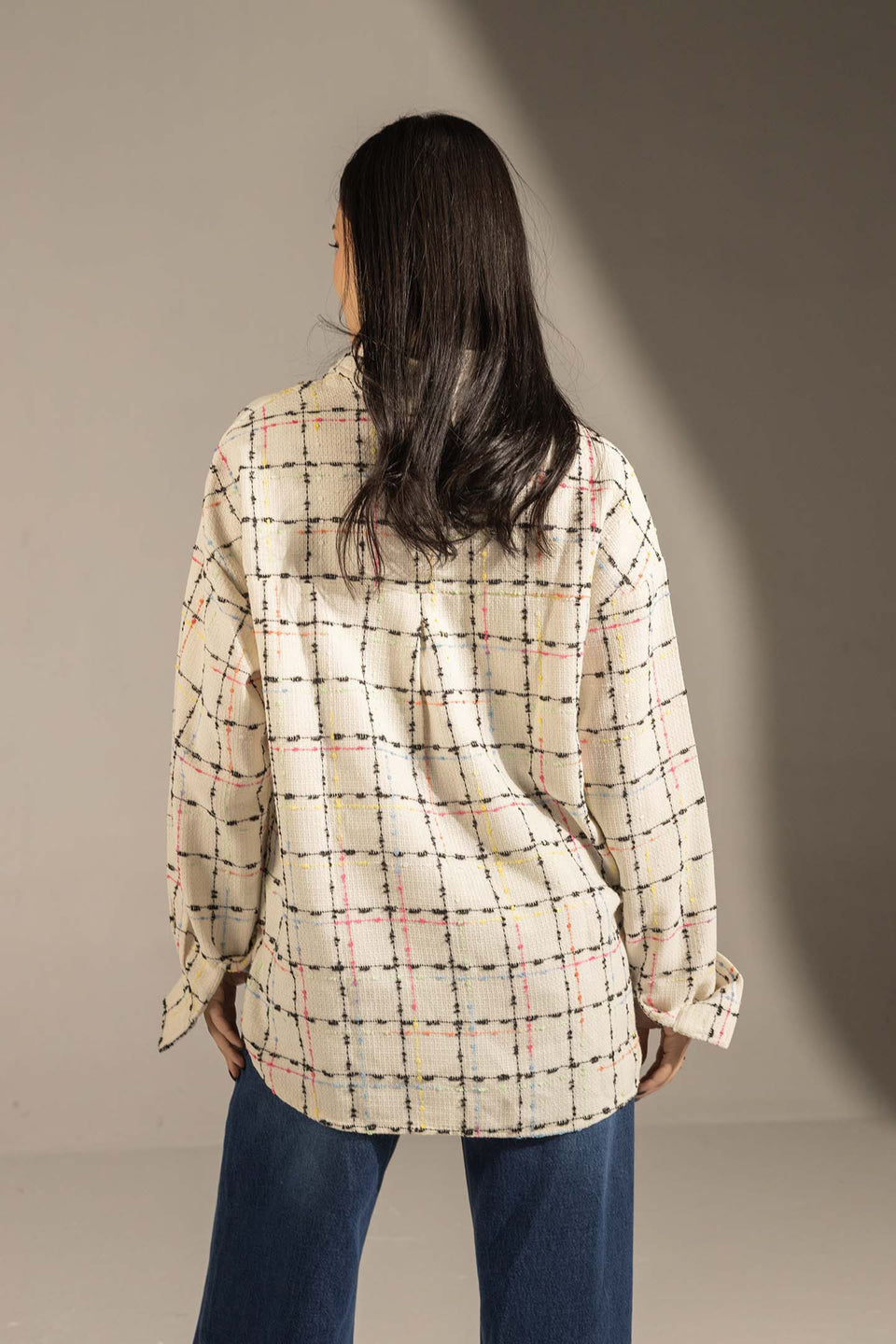 Off White Textured Check Oversized Shirt