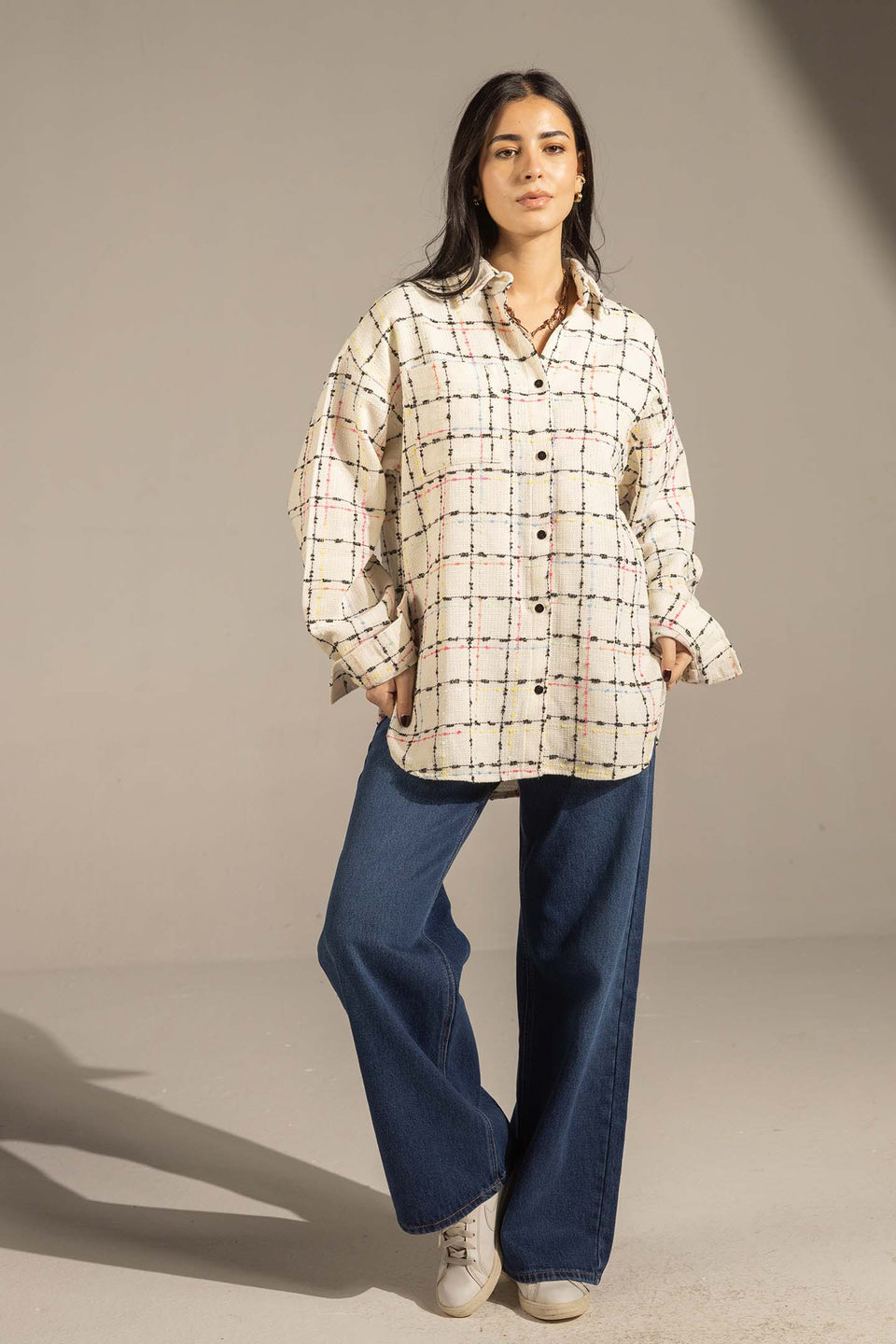 Off White Textured Check Oversized Shirt