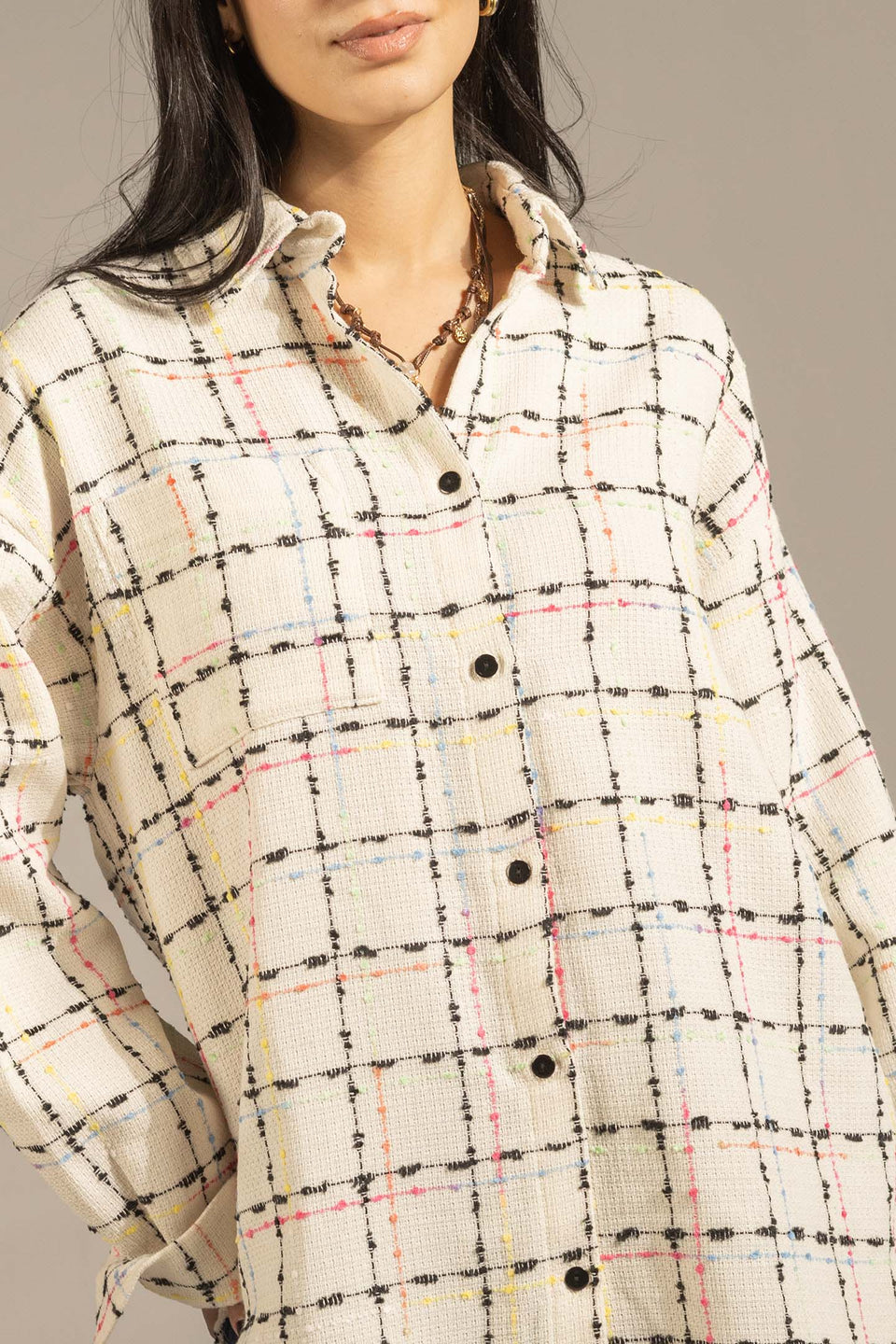 Off White Textured Check Oversized Shirt