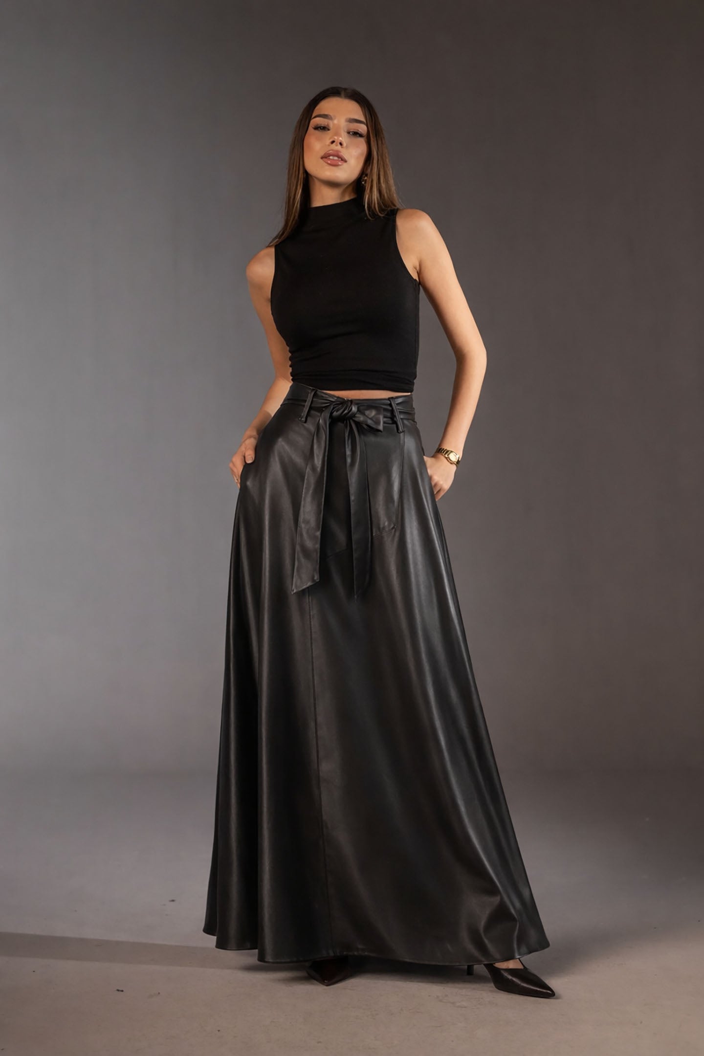 Black Faux Leather Elegant Flared Skirt
